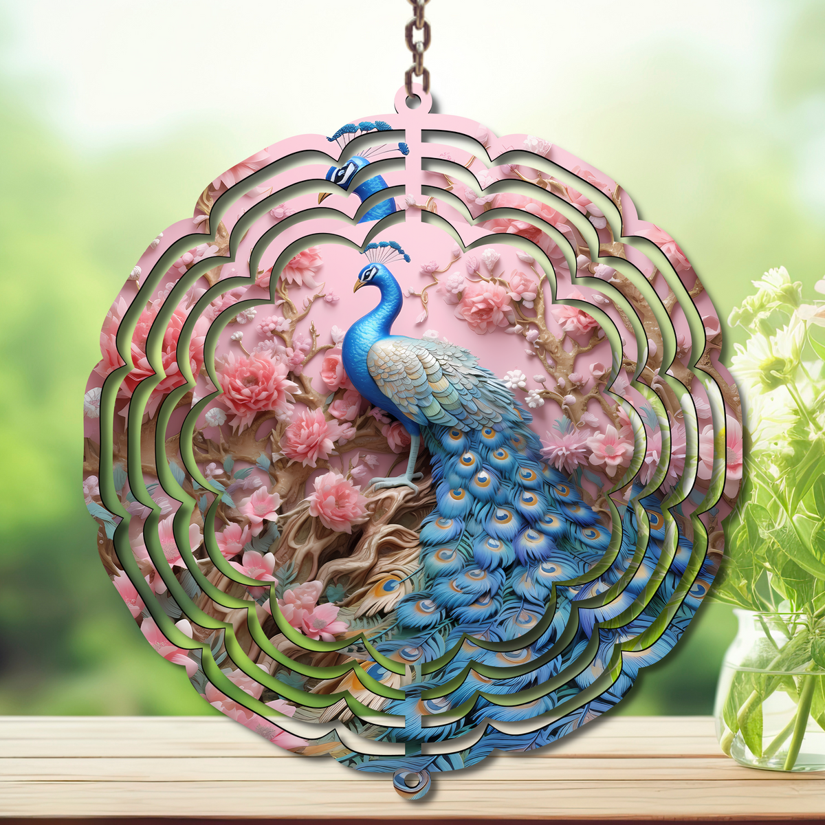 Peacock Aluminum Metal Wind Spinner, multiple images available. A swirl of peacock beauty in every breeze. TheCraftNook