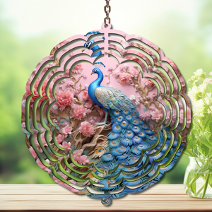 Peacock Aluminum Metal Wind Spinner, multiple images available. A swirl of peacock beauty in every breeze. TheCraftNook