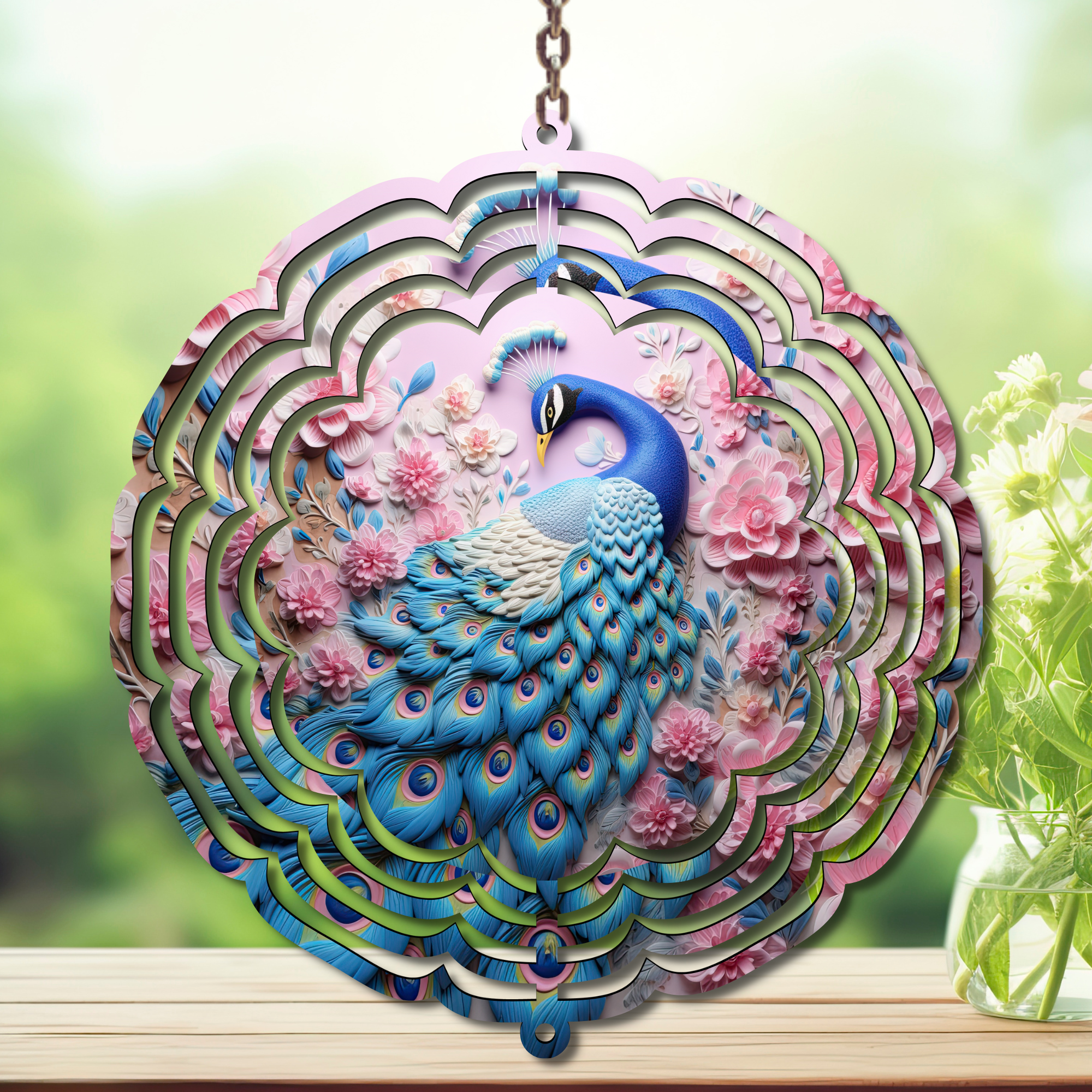 Peacock metal wind spinner featuring vibrant colors and intricate feather design in a floral background, perfect for outdoor decor.