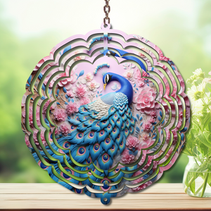 Peacock metal wind spinner featuring vibrant colors and intricate feather design in a floral background, perfect for outdoor decor.