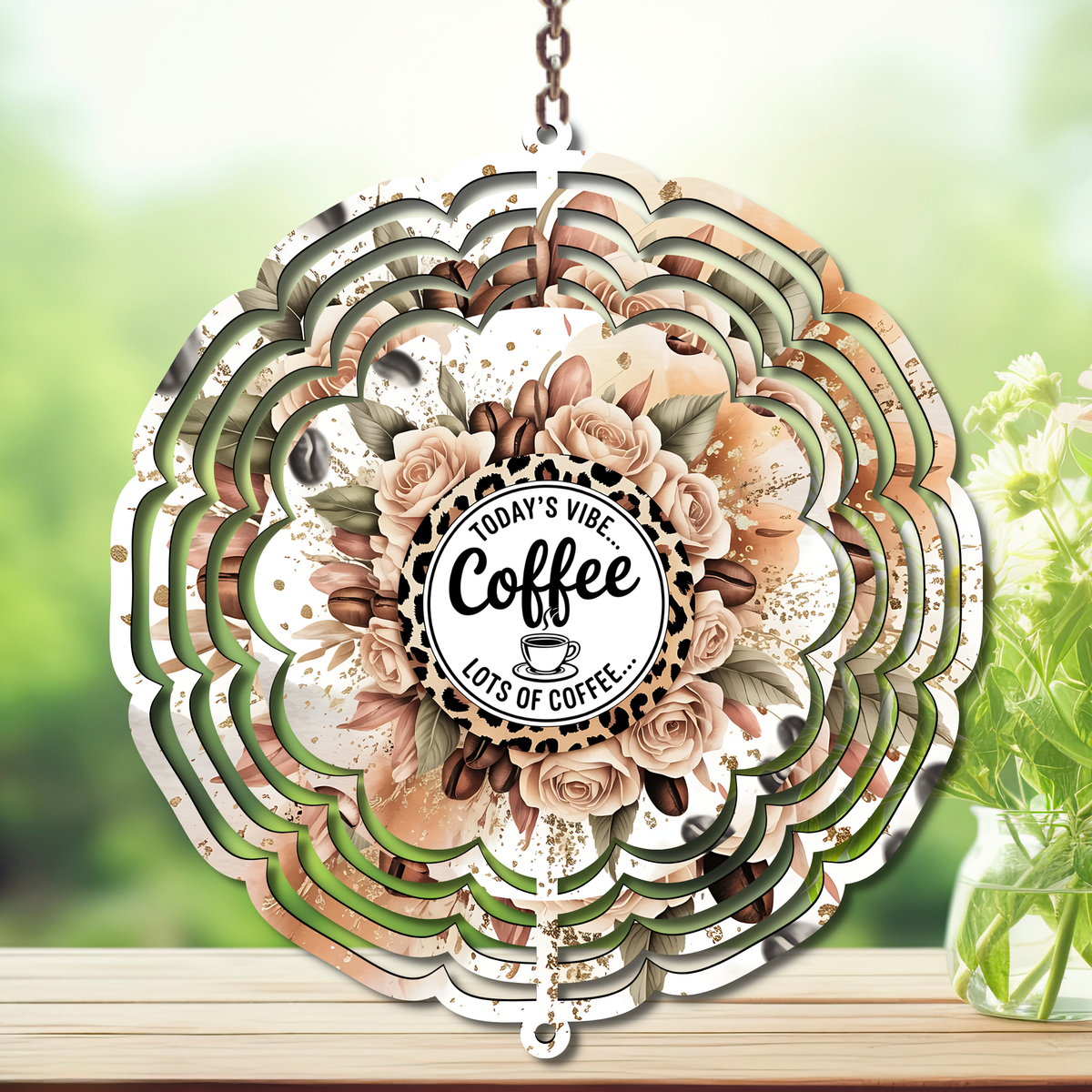 Caffeine in the Wind Spinner. Aluminum Metal Wind Spinner, multiple images available. TheCraftNook