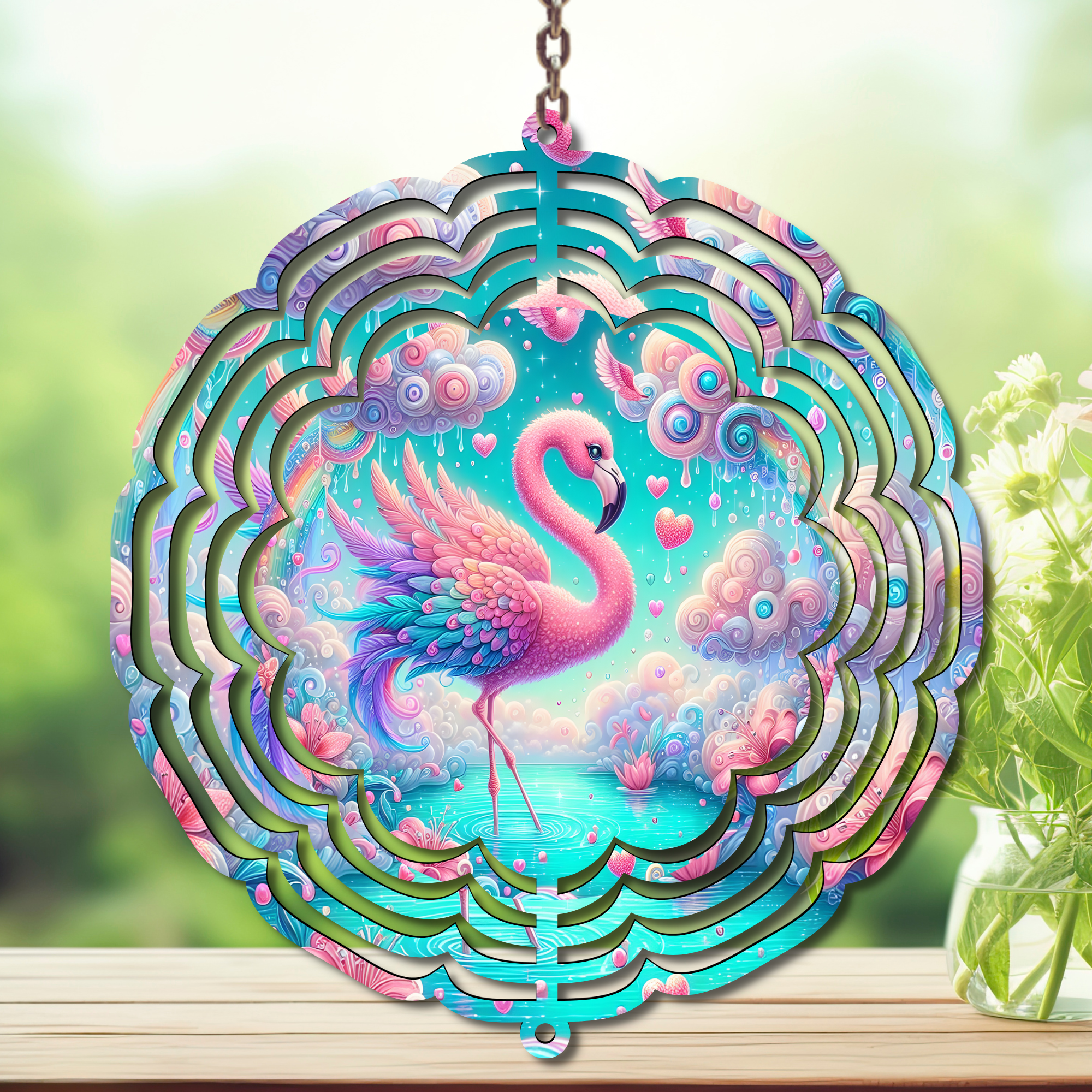 Flamingo wind spinner featuring a vibrant design with pink flamingo and tropical colors, perfect for outdoor decor.