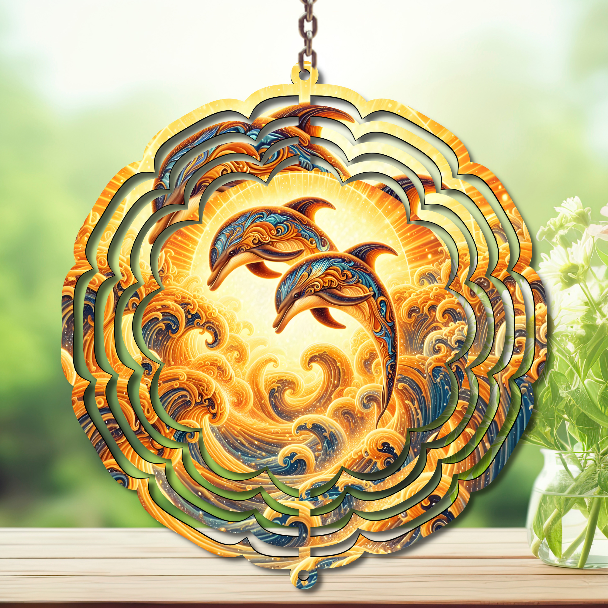 Dolphins Aluminum Metal Wind Spinner with vibrant dolphin artwork and ocean waves, perfect for garden decor.