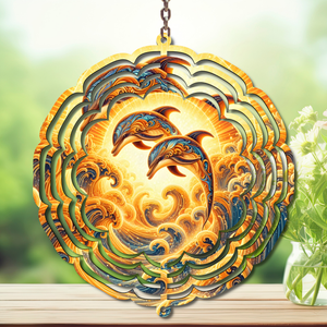 Dolphins Aluminum Metal Wind Spinner with vibrant dolphin artwork and ocean waves, perfect for garden decor.