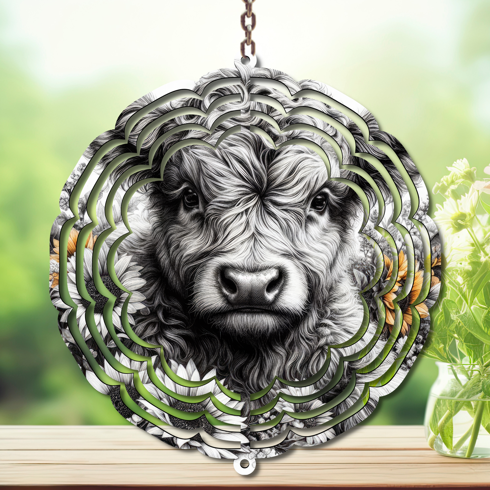 Highland cow wind spinner featuring a detailed, textured design amidst a vibrant garden backdrop.