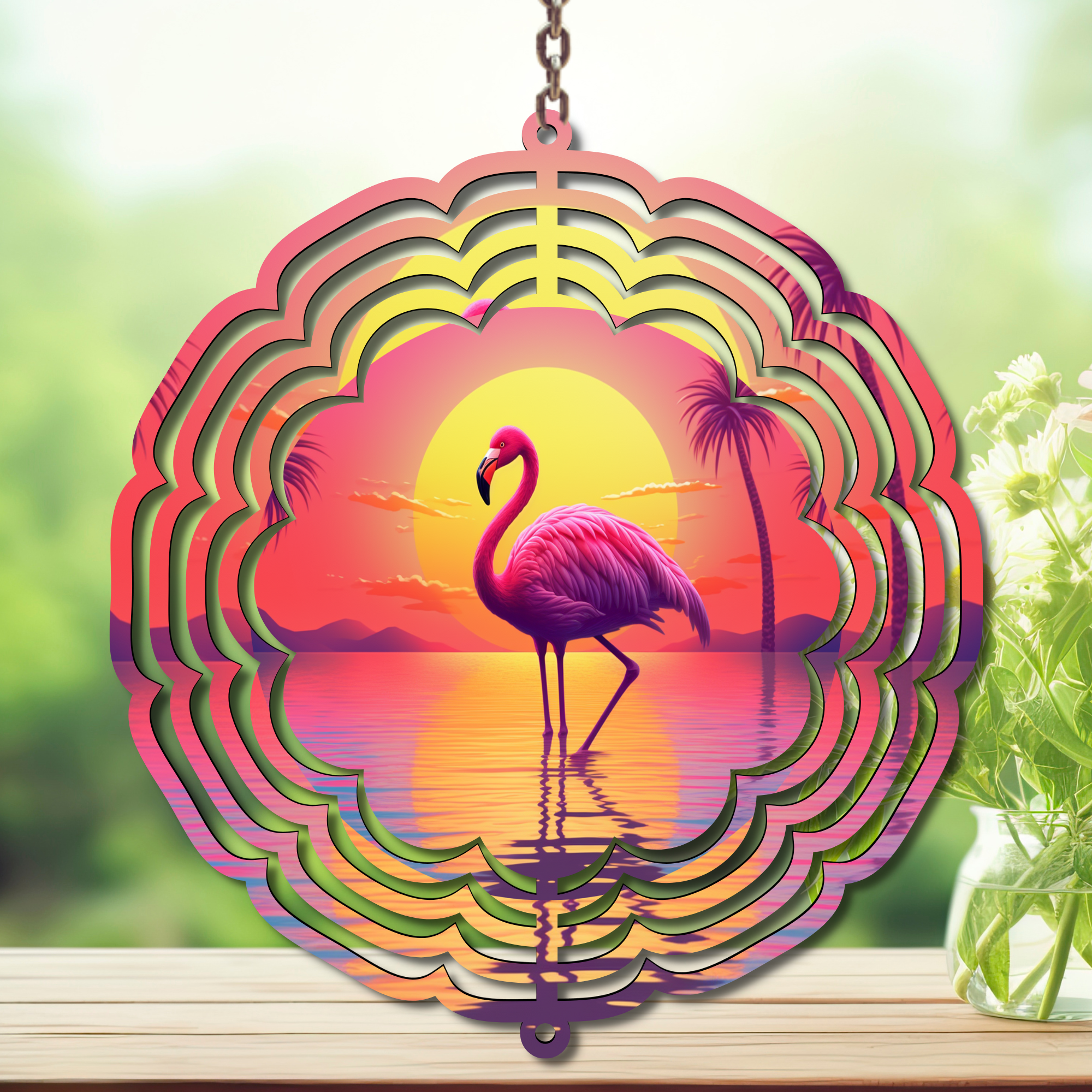 Flamingo Daydream Aluminum Metal Wind Spinner showcasing colorful flamingo silhouette against sunset and palm trees.