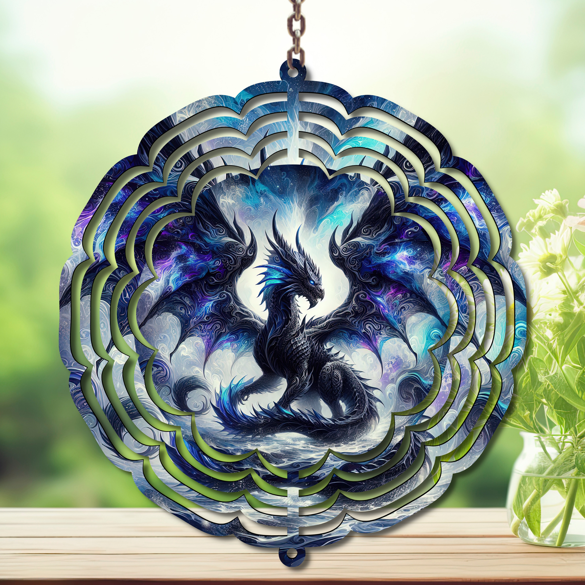Dragon aluminum wind spinner featuring vibrant artwork and intricate design, ideal for outdoor decor.