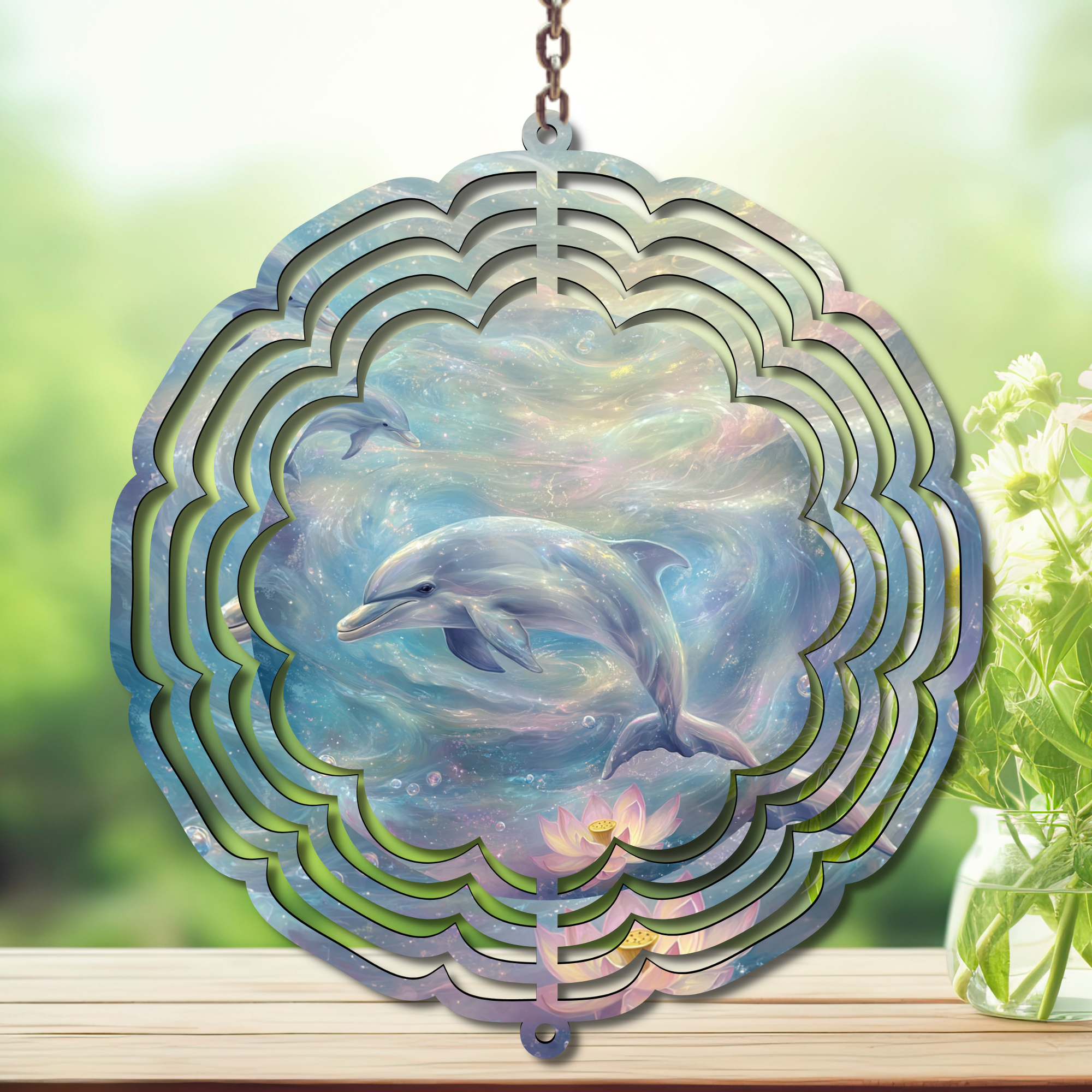 Dolphin aluminum wind spinner displaying playful dolphins and ocean colors, perfect for adding coastal charm to your garden.