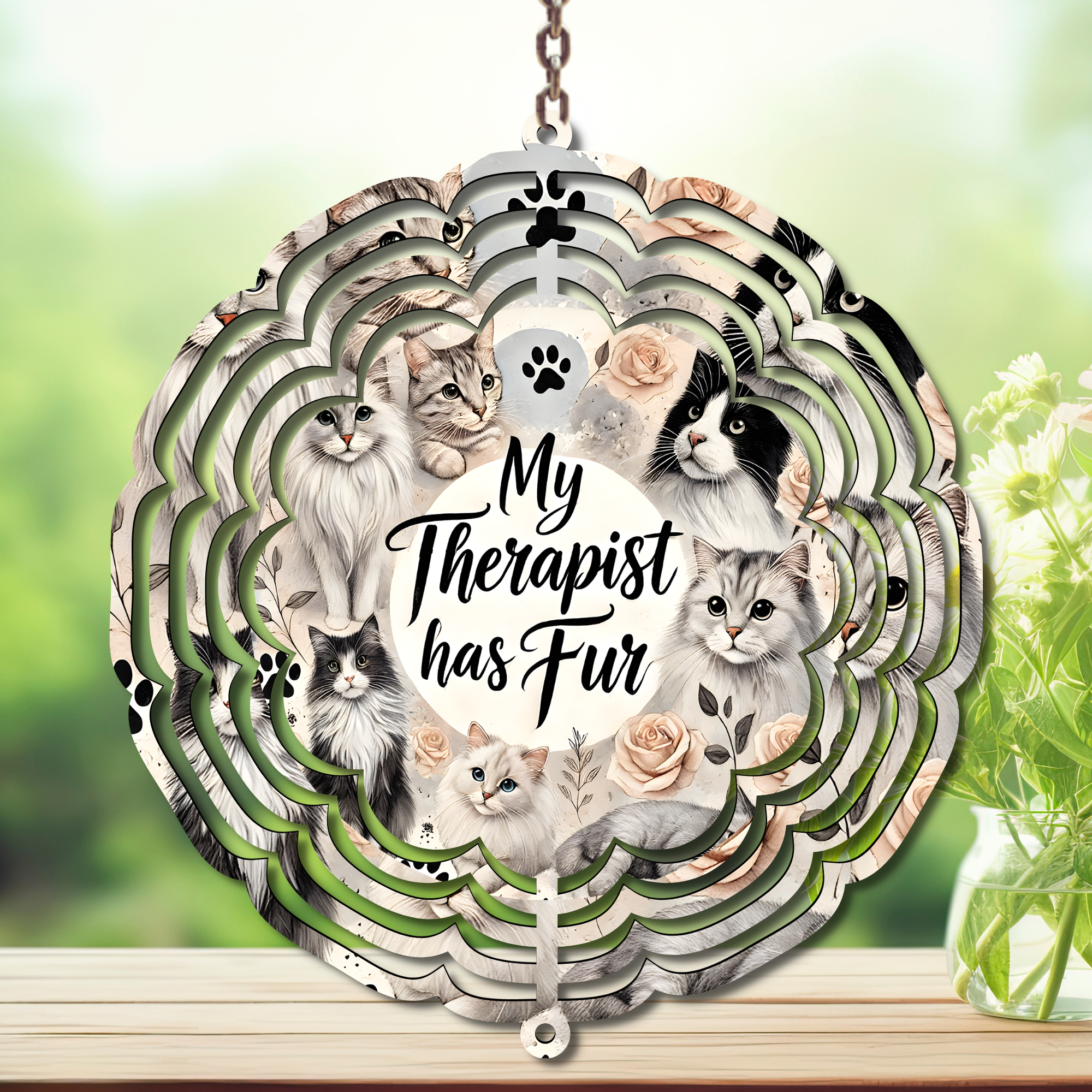 Cat wind spinner garden décor featuring adorable kitties and a heartfelt message, adding charm to any outdoor space.
