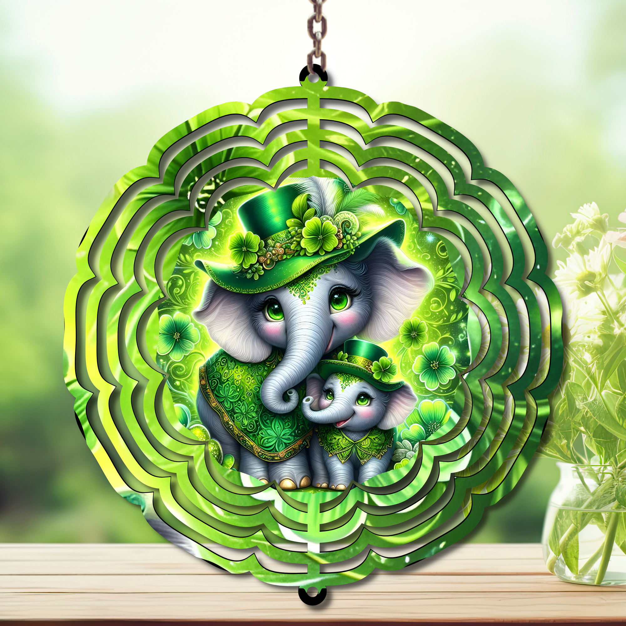 St. Patrick's Day wind spinner featuring cute elephants in green hats surrounded by shamrocks.