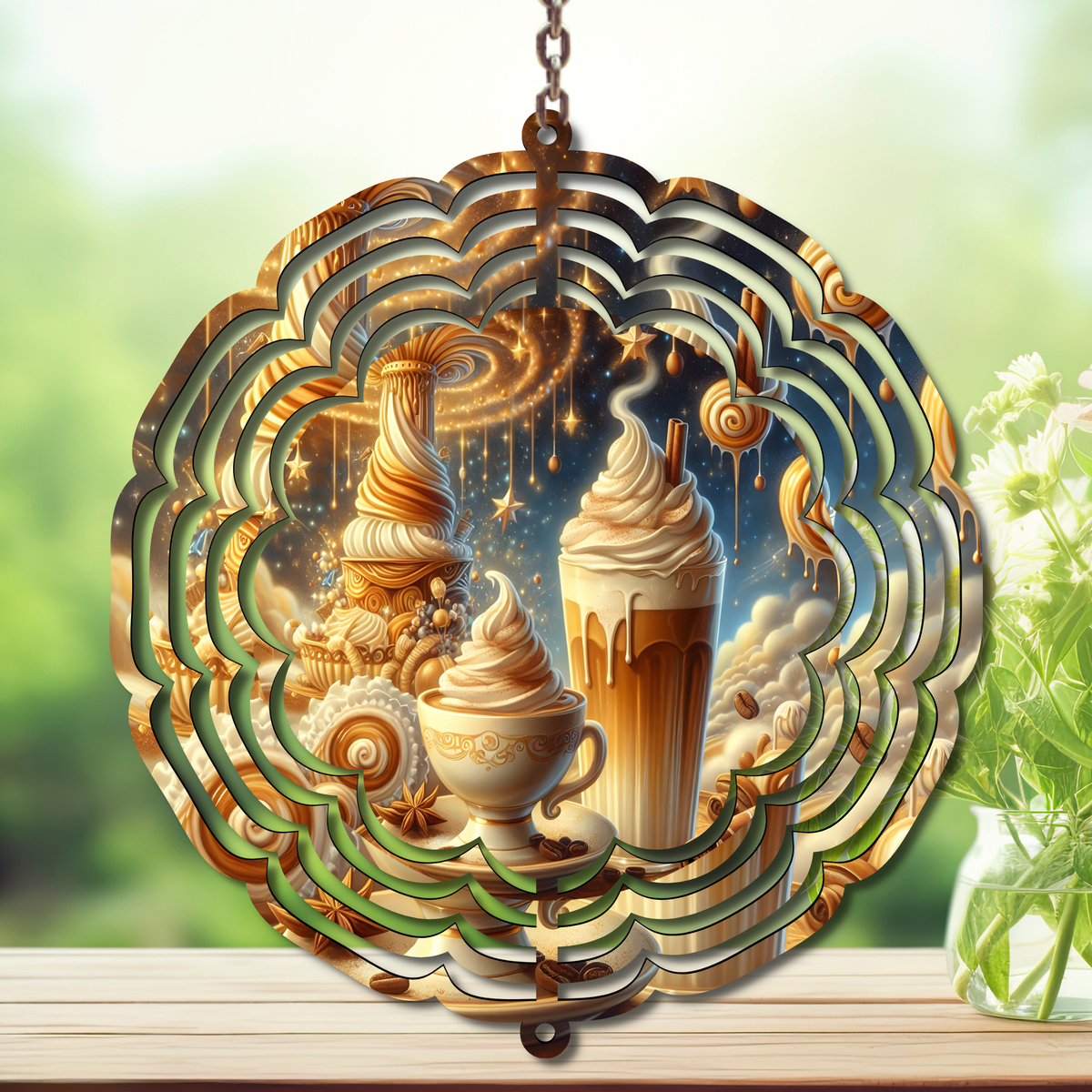Caffeine in the Wind Spinner. Aluminum Metal Wind Spinner, multiple images available. TheCraftNook