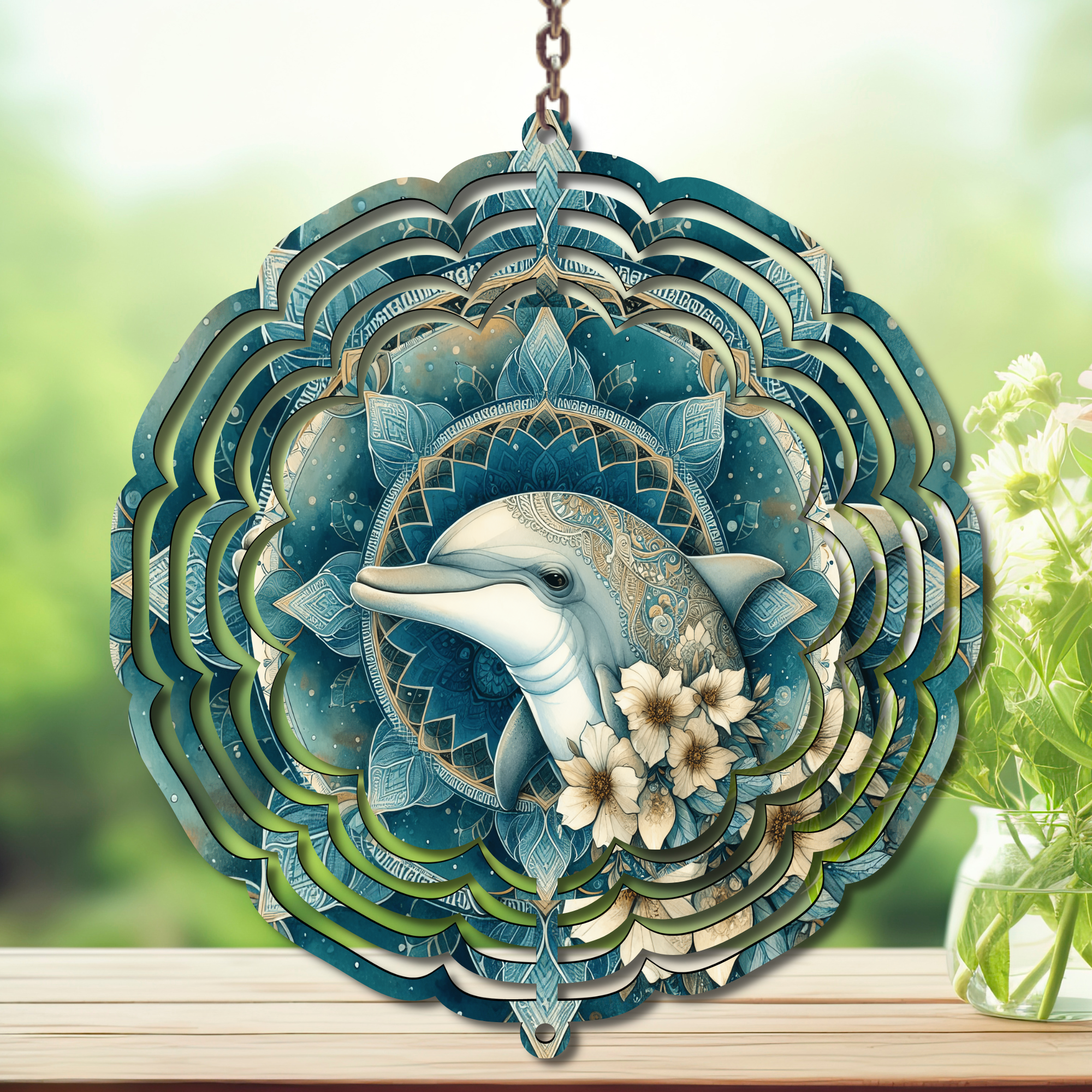 Dolphin aluminum wind spinner featuring intricate design and bright colors, perfect for adding nautical charm to any outdoor space.