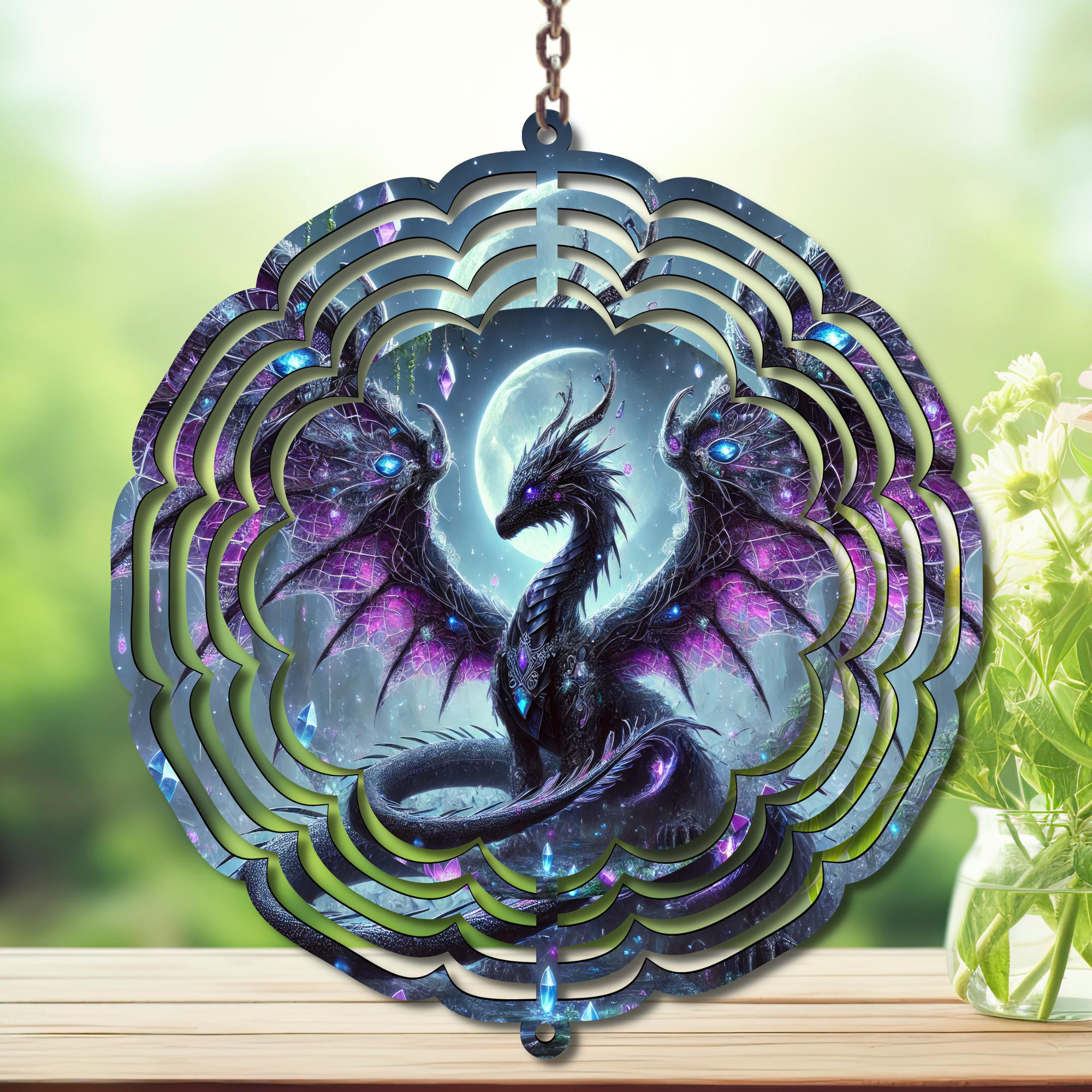 Stunning dragon aluminum wind spinner featuring vibrant colors and intricate design, perfect for outdoor decoration.