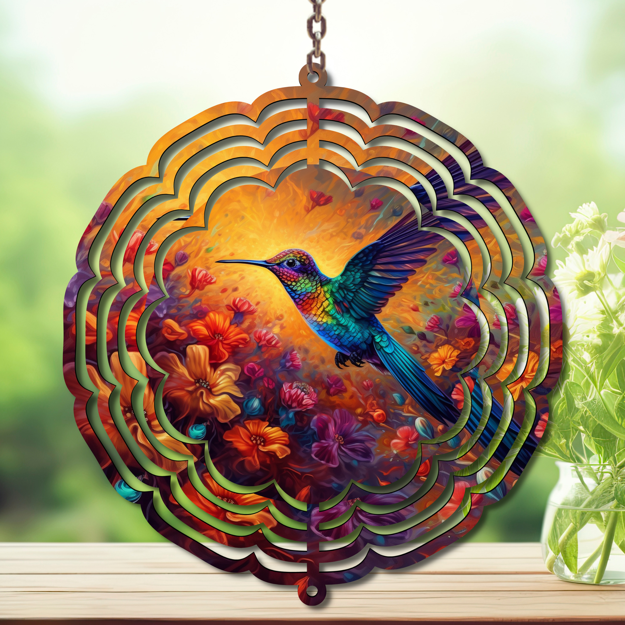 Hummingbird aluminum metal wind spinner yard art featuring vibrant colors and floral accents, perfect for gardens.