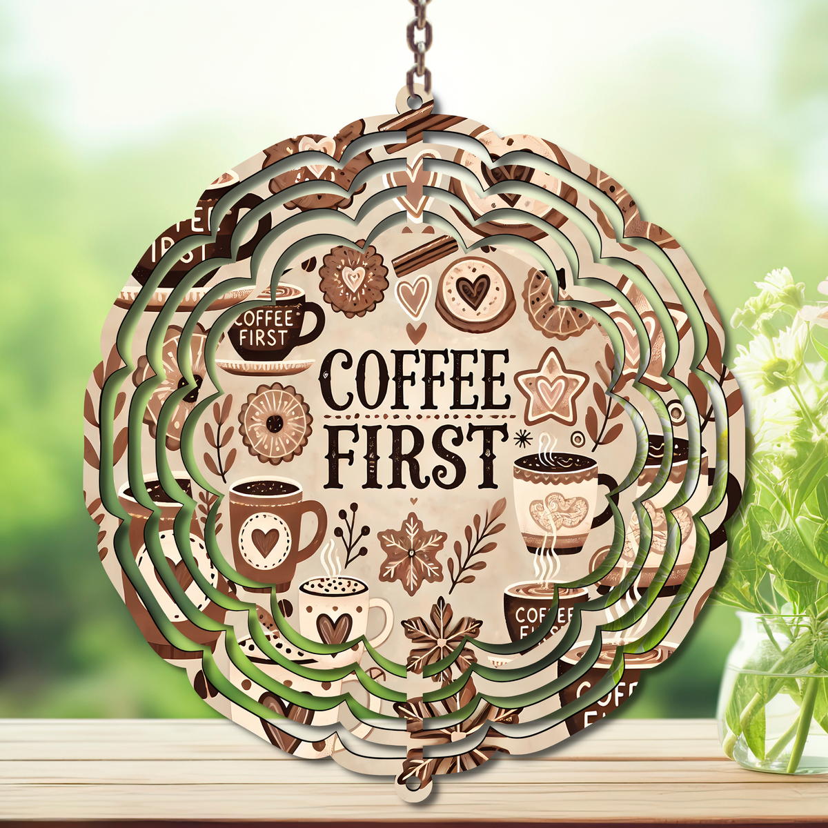 Caffeine in the Wind Spinner. Aluminum Metal Wind Spinner, multiple images available. TheCraftNook