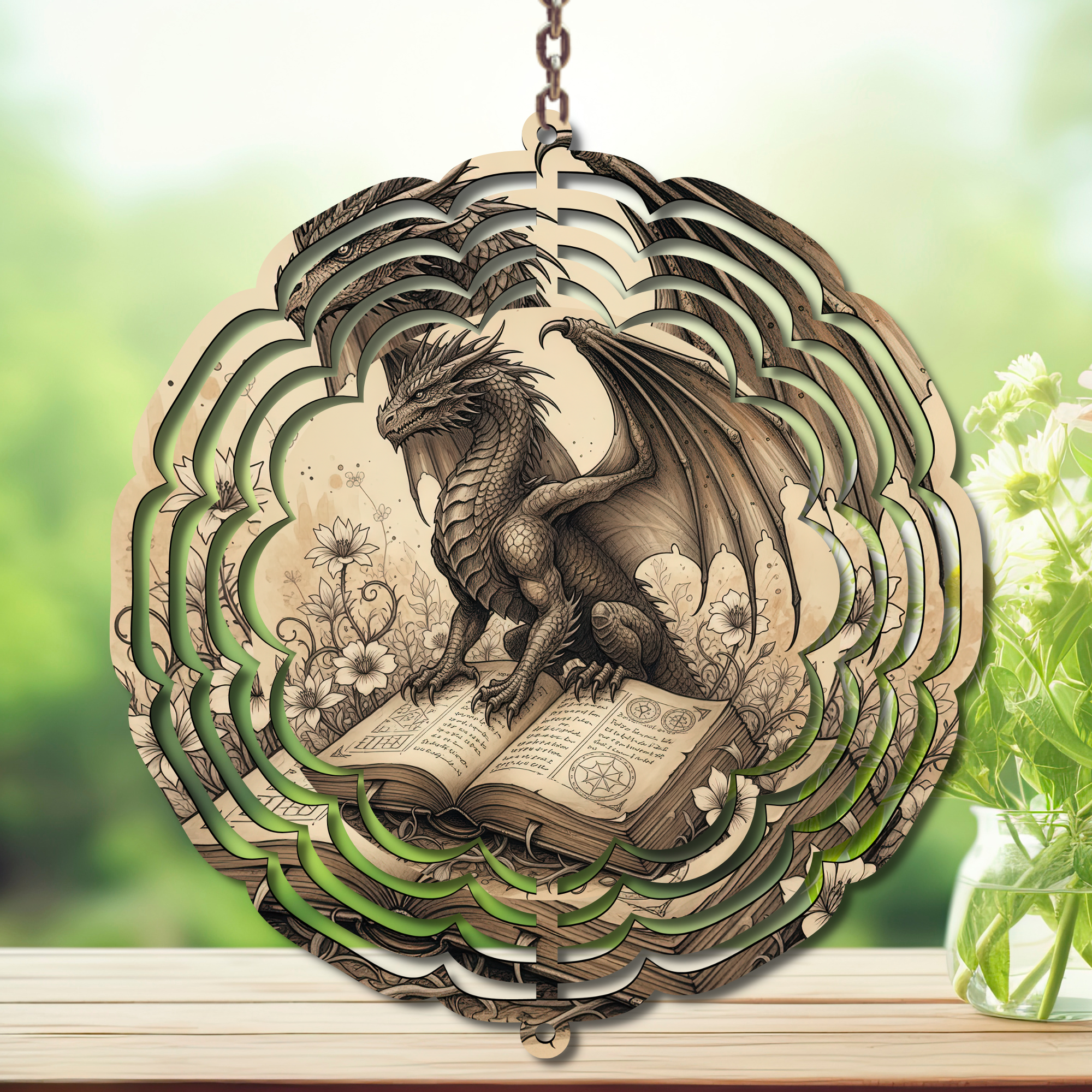 Dragon aluminum wind spinner featuring detailed dragon design over an open book, perfect for outdoor decor.