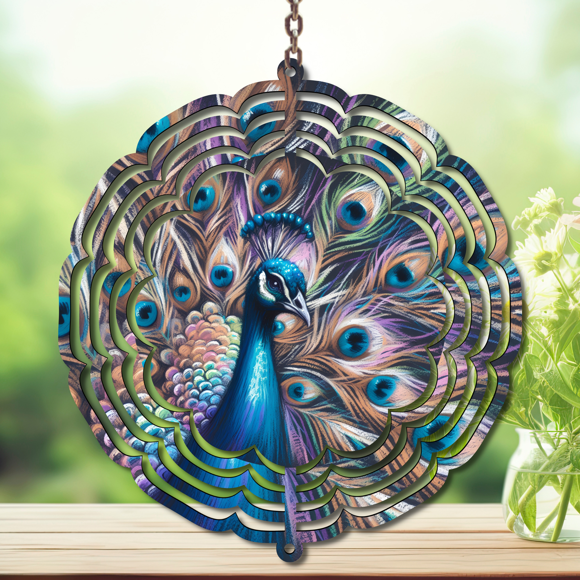 Peacock aluminum metal wind spinner displaying vibrant jewel-tone colors and elegant feather details in outdoor setting.
