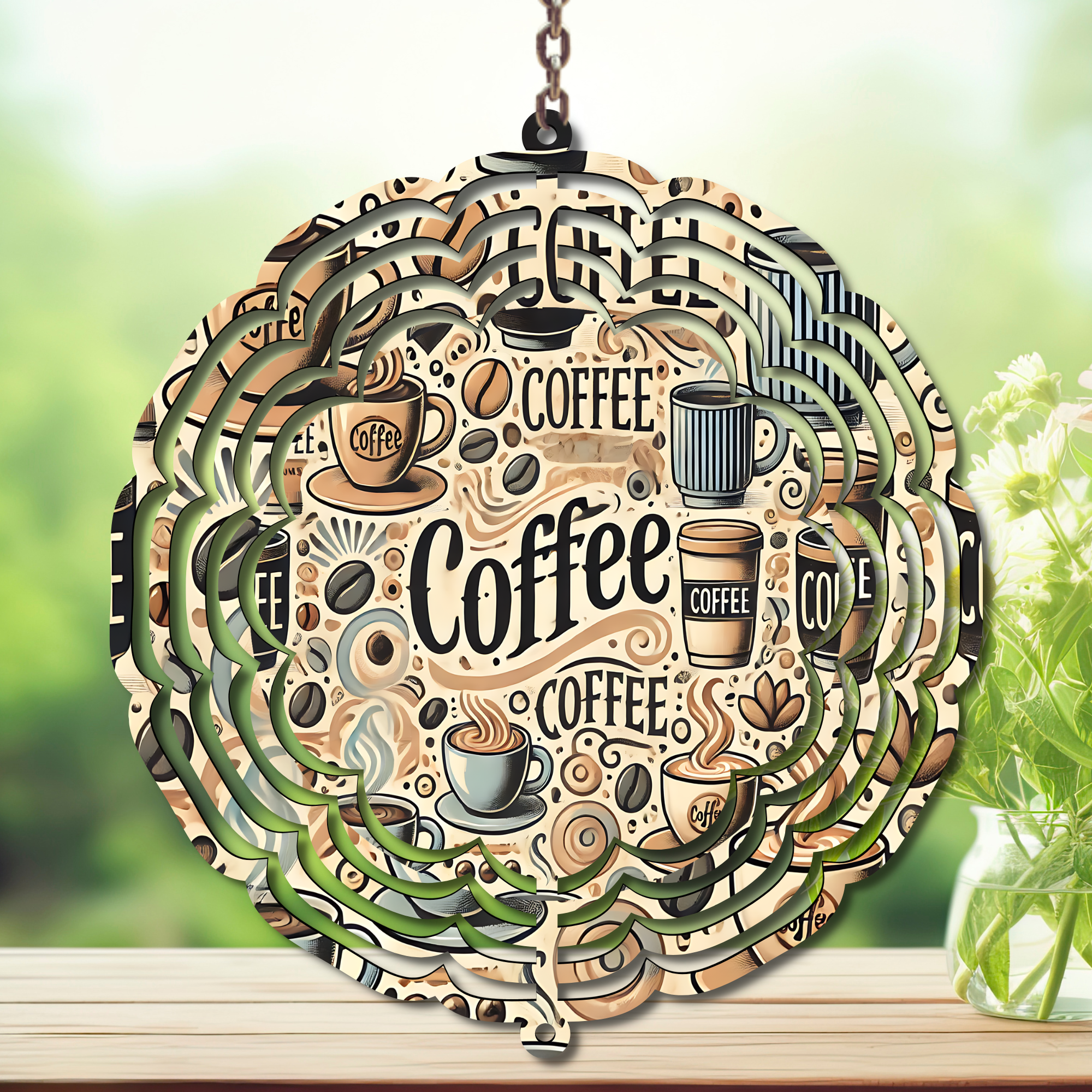 Coffee wind spinner decoration featuring warm coffee-themed artwork, twirling beautifully in the breeze.