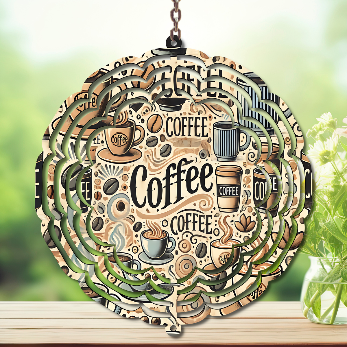 Coffee wind spinner decoration featuring warm coffee-themed artwork, twirling beautifully in the breeze.