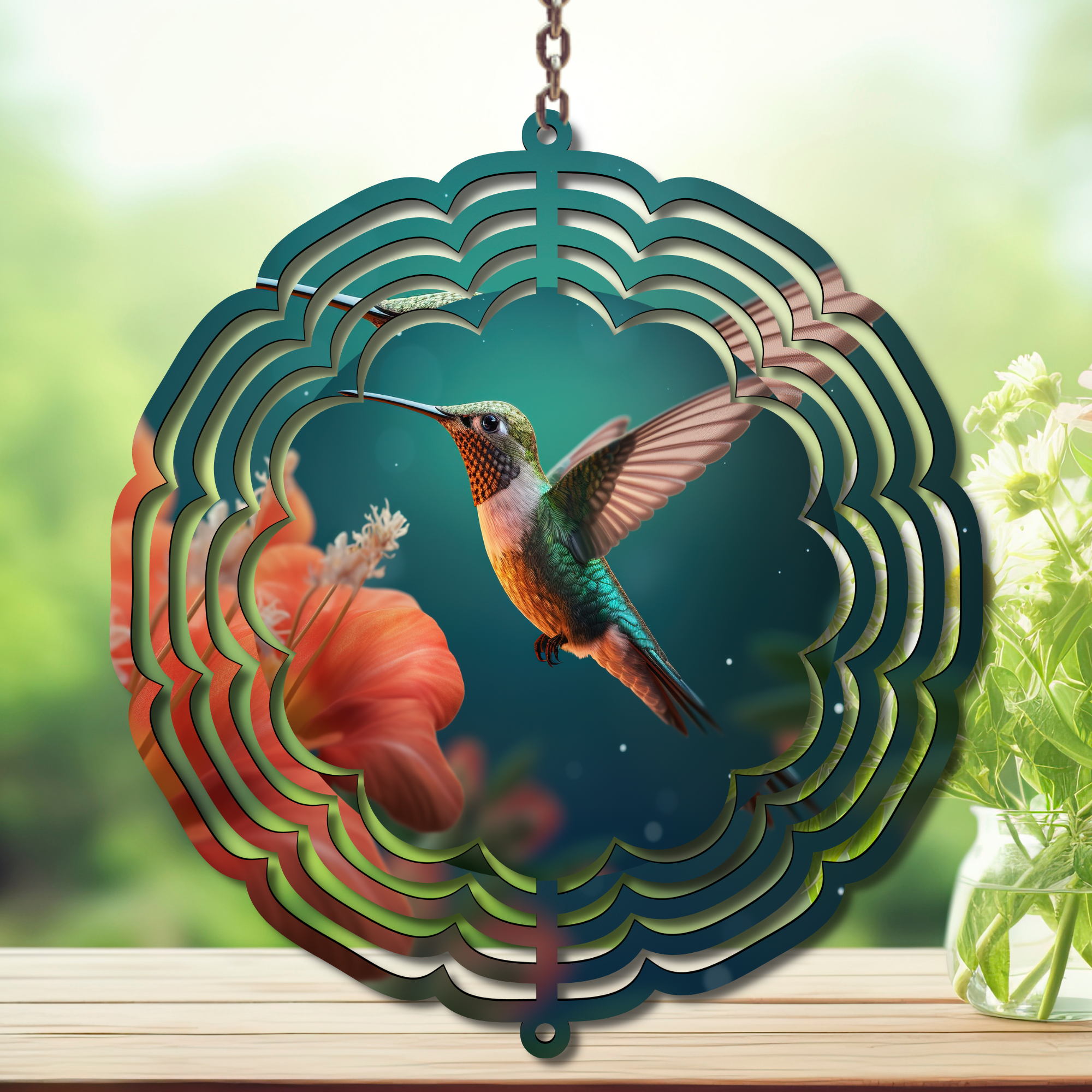 Hummingbird wind spinner yard art with vibrant colors and floral accents, perfect for garden decor.