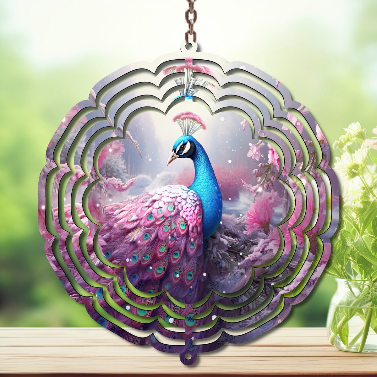 Peacock Aluminum Metal Wind Spinner, multiple images available. A swirl of peacock beauty in every breeze. TheCraftNook