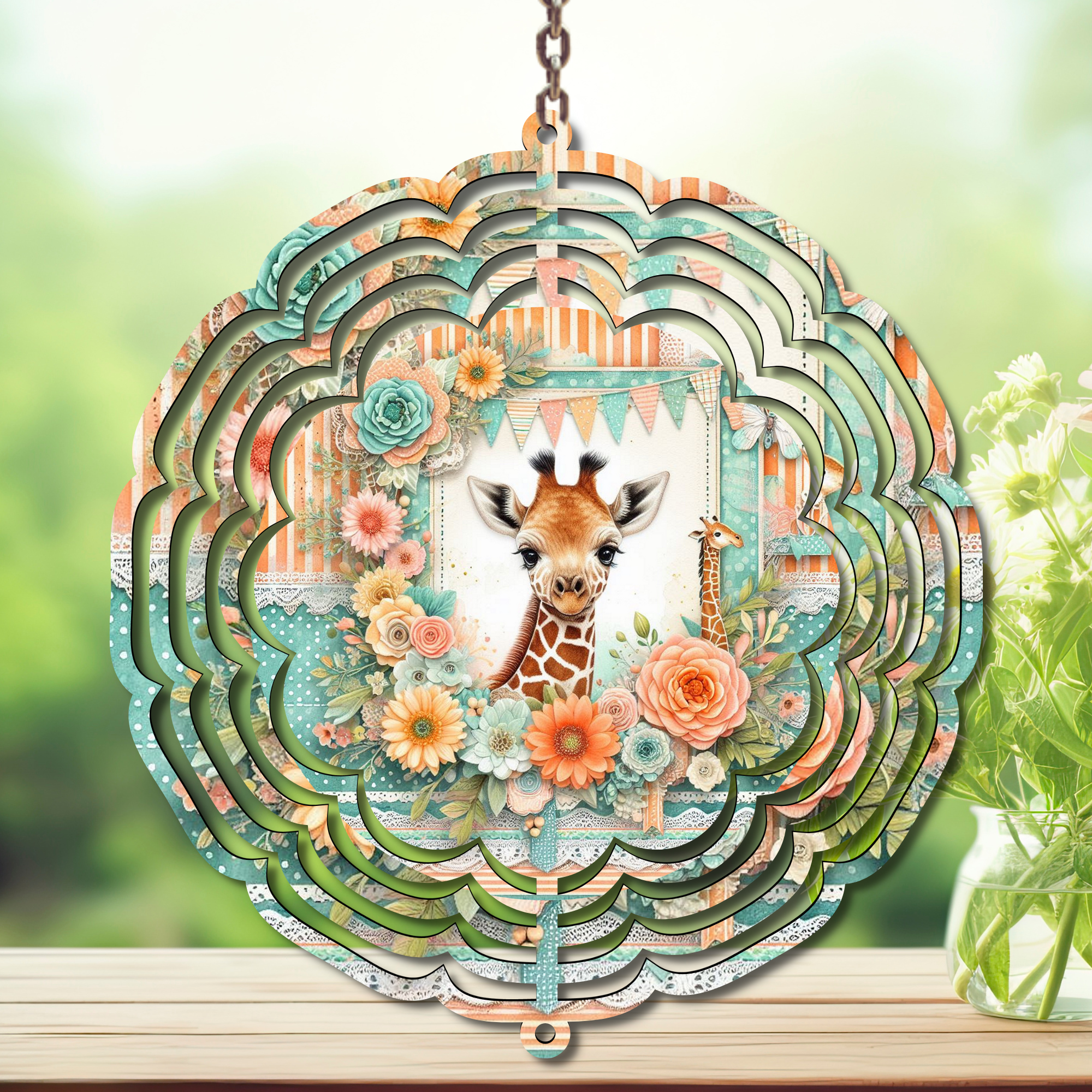 Giraffe Aluminum Metal Wind Spinner with floral design, perfect for colorful yard decor, adding charm to outdoor spaces.