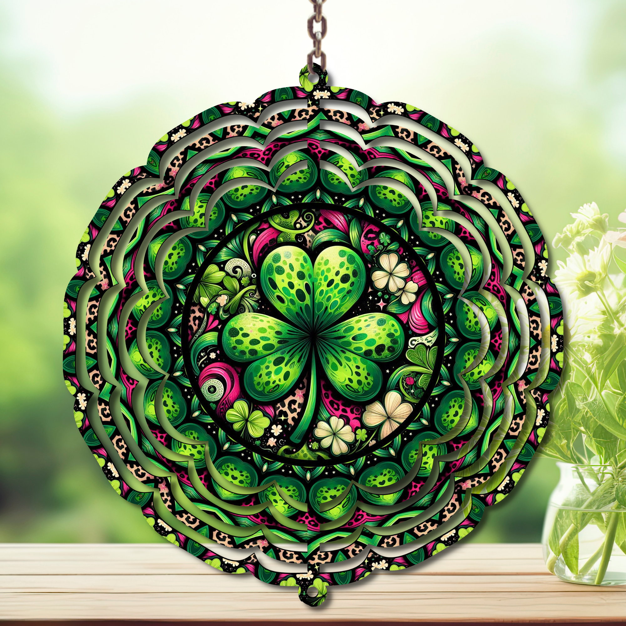 St. Patrick's Day wind spinner featuring vibrant green shamrocks and floral designs, perfect for festive decor.