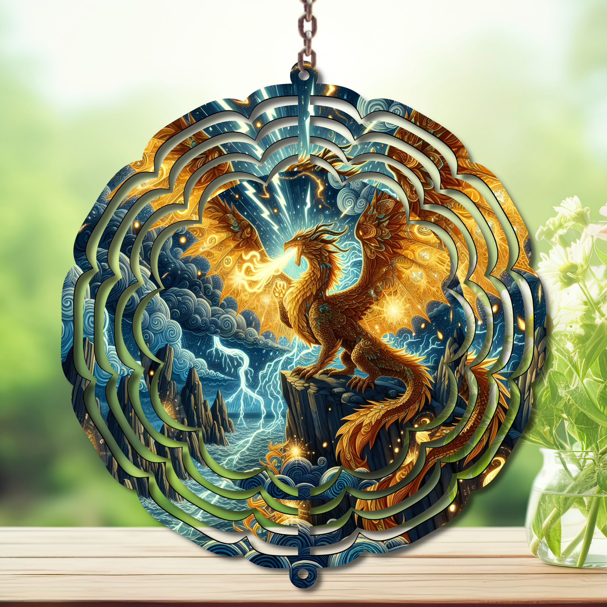 Stunning dragon aluminum wind spinner featuring vibrant artwork with magical design, perfect for outdoor display.