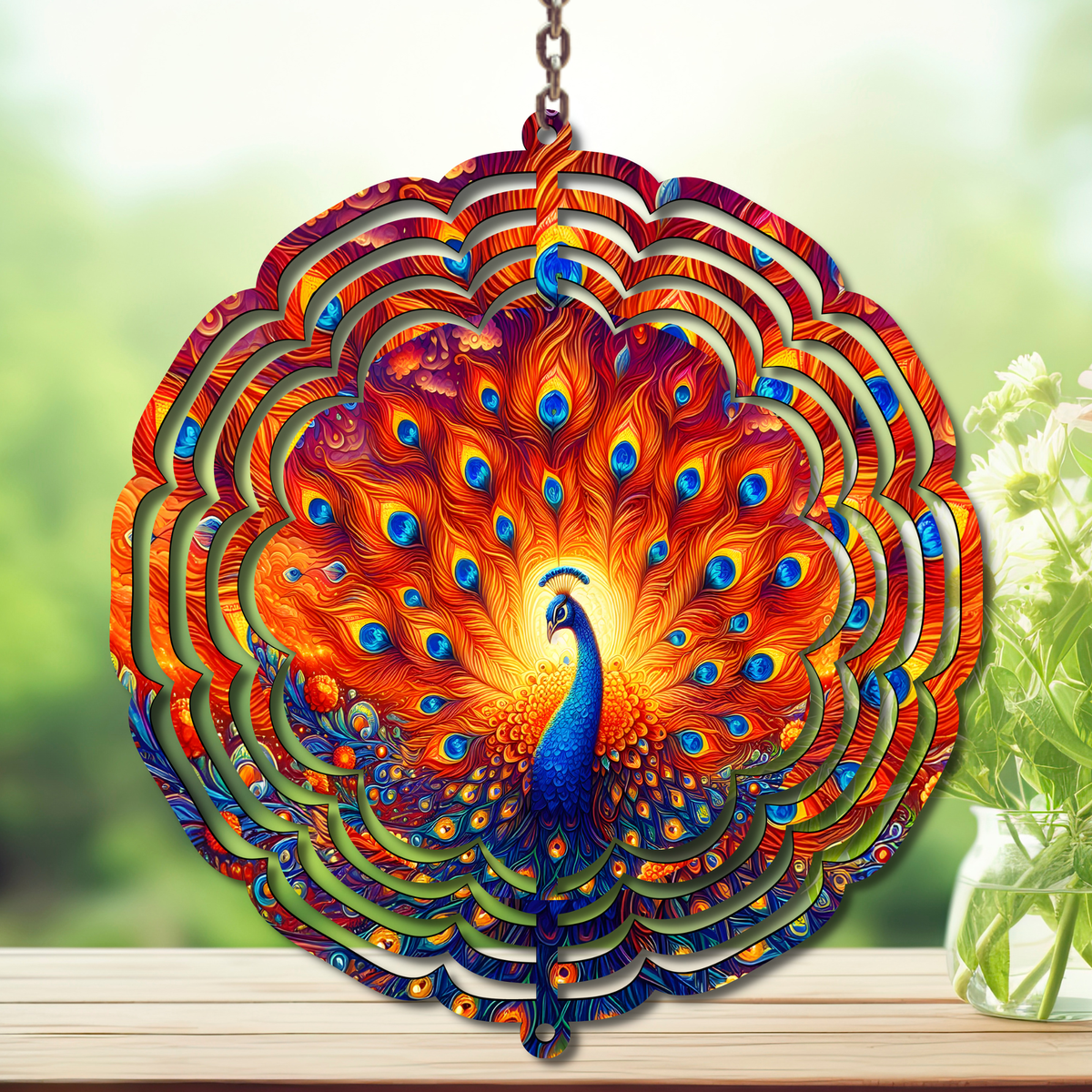 Peacock Aluminum Metal Wind Spinner, multiple images available. A swirl of peacock beauty in every breeze. TheCraftNook