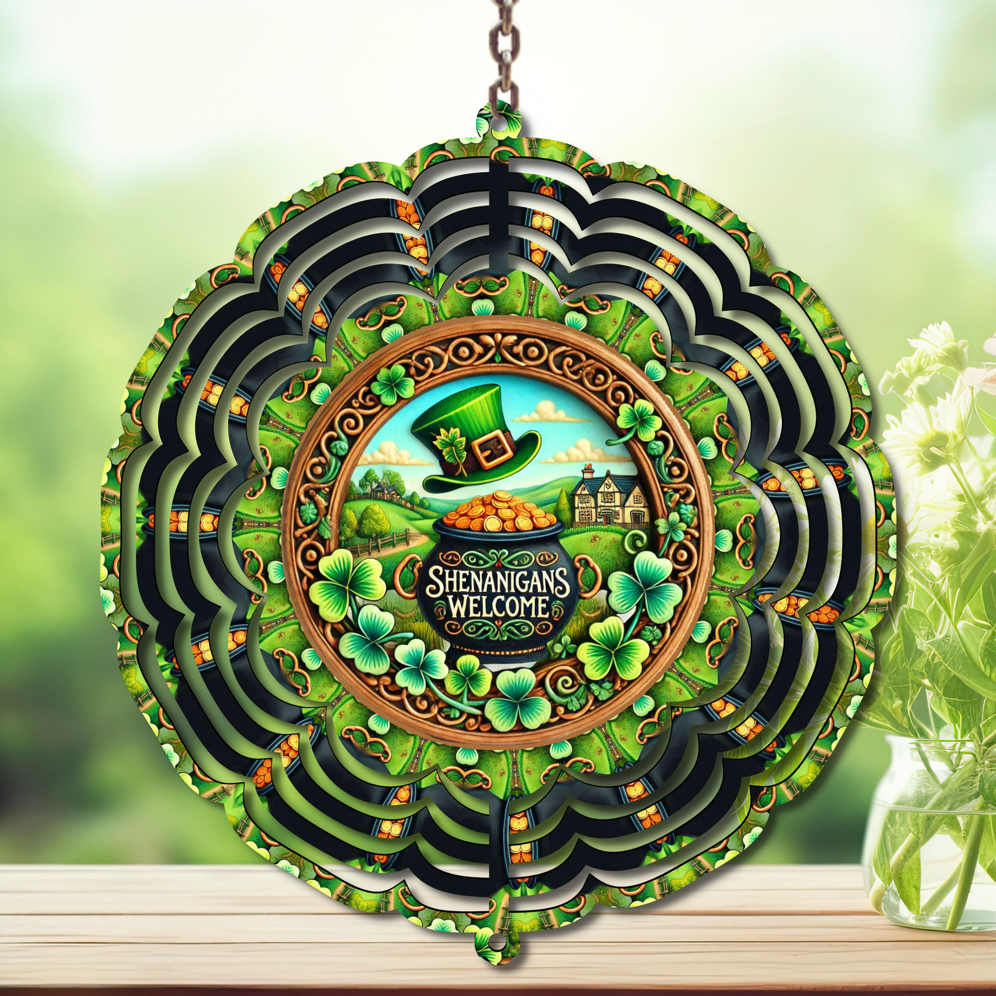 St. Patrick's Day wind spinner with green shamrocks and a playful design featuring 'Shenanigans Welcome'.