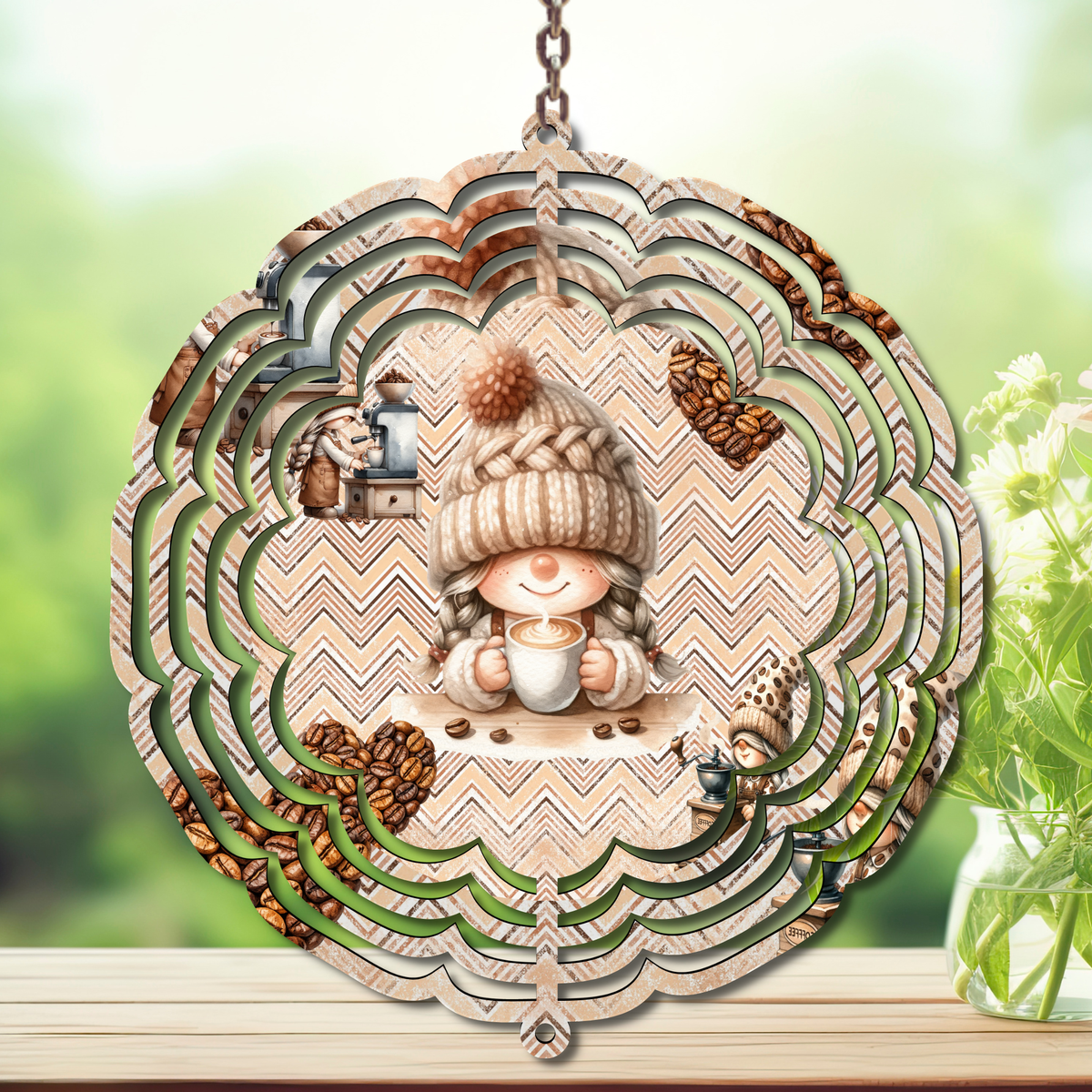 Caffeine in the Wind Spinner. Aluminum Metal Wind Spinner, multiple images available. TheCraftNook