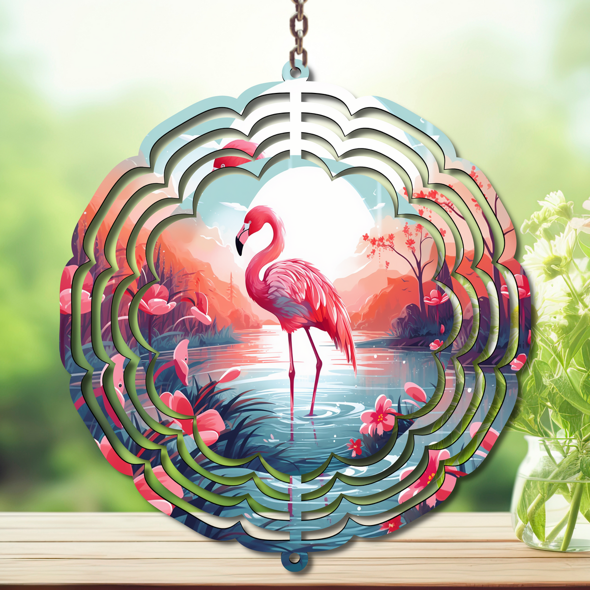Flamingo Daydream Aluminum Metal Wind Spinner, multiple images available. TheCraftNook