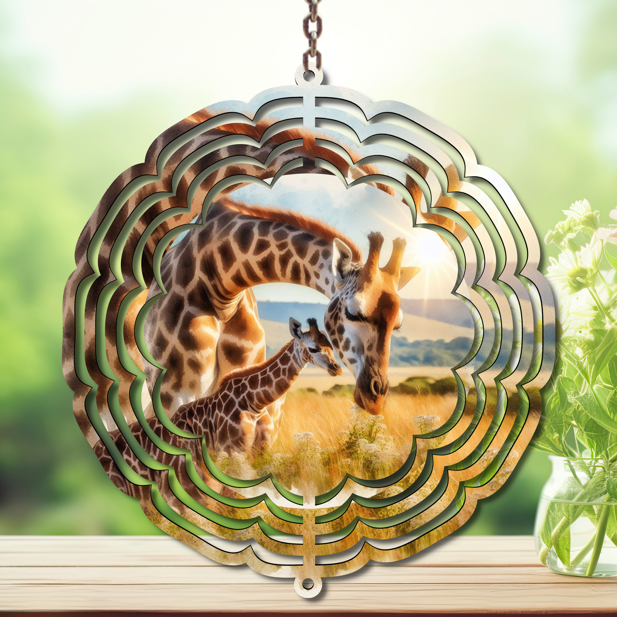 Giraffe Aluminum Metal Wind Spinner featuring a mother and baby giraffe, perfect giraffe wind spinner yard decor for gardens.