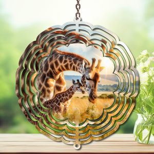 Giraffe Aluminum Metal Wind Spinner featuring a mother and baby giraffe, perfect giraffe wind spinner yard decor for gardens.