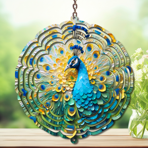 Peacock Aluminum Metal Wind Spinner, multiple images available. A swirl of peacock beauty in every breeze. TheCraftNook