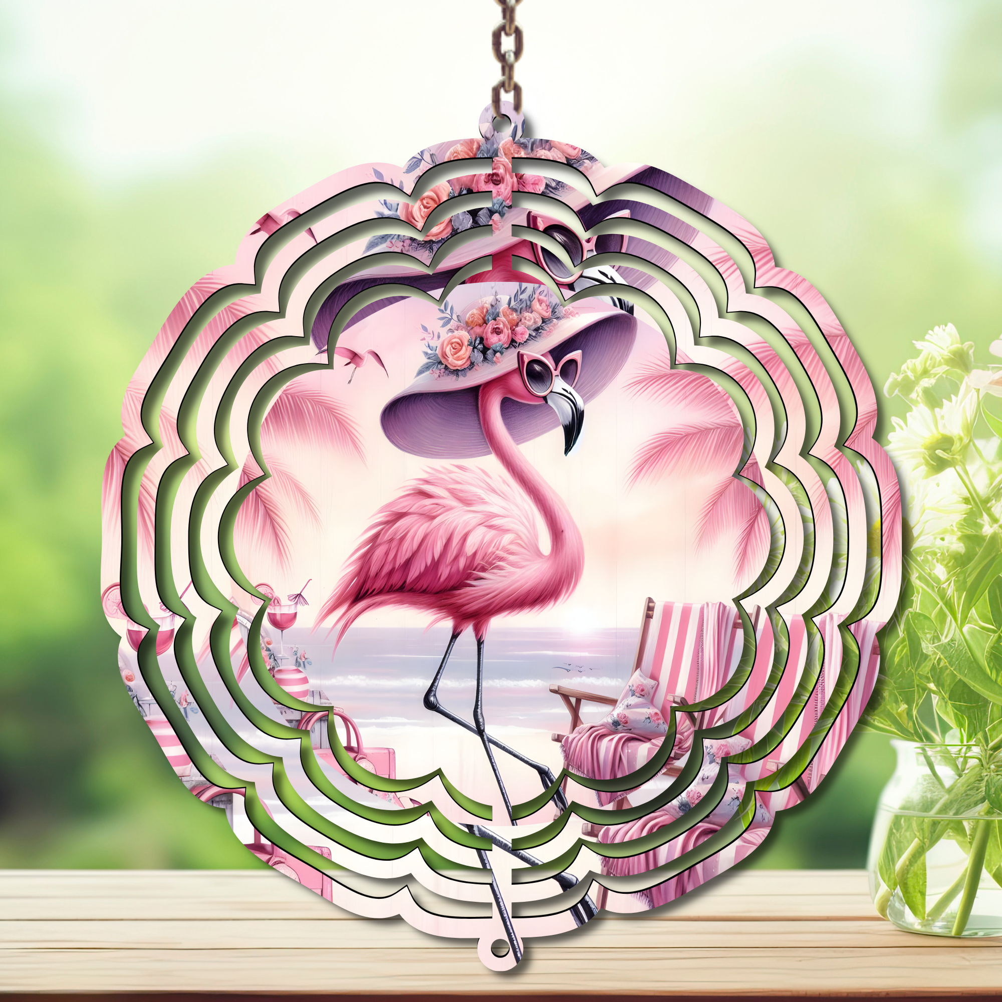 Flamingo wind spinner featuring a stylish flamingo with flowers, ideal for adding tropical charm to outdoor spaces.