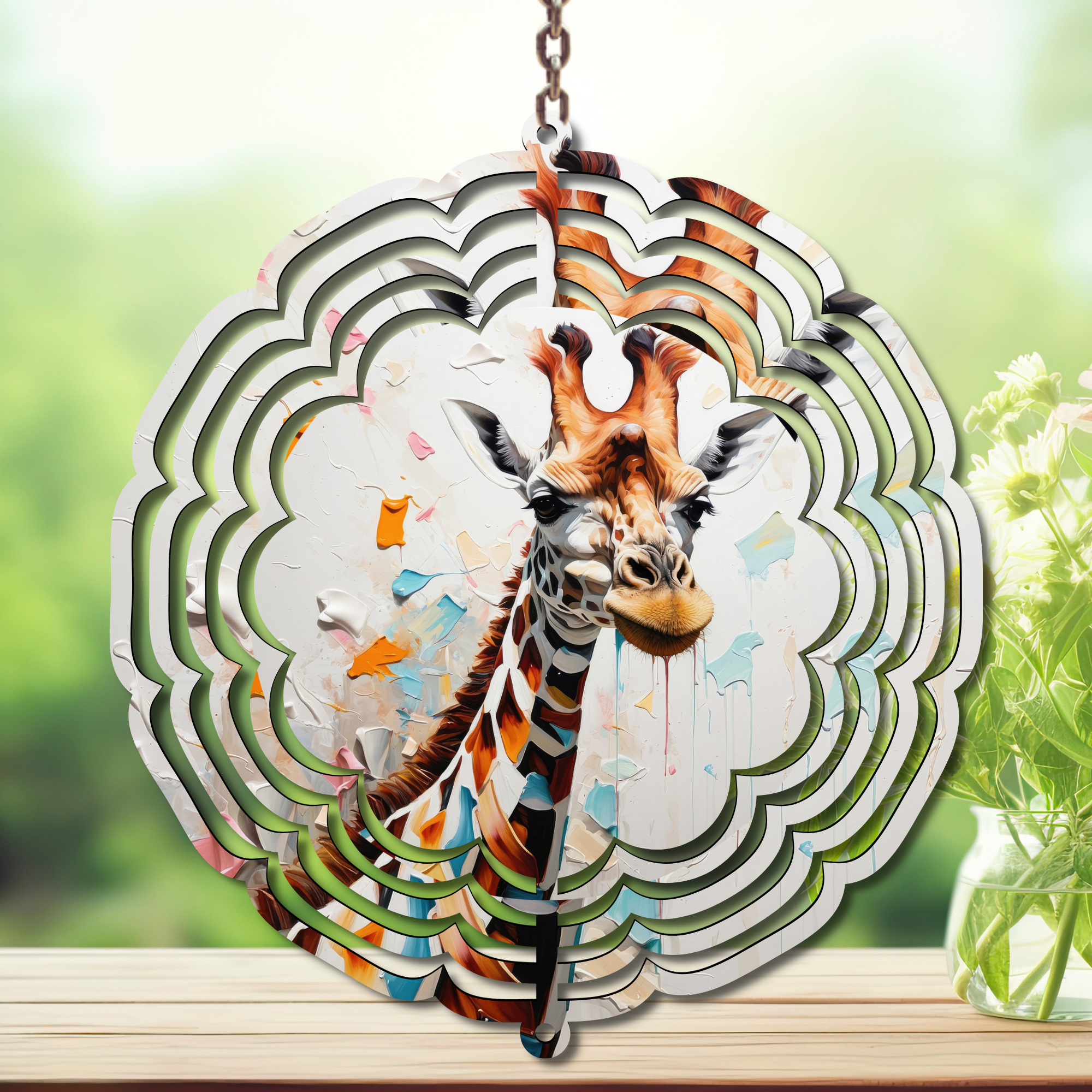 Giraffe Aluminum Metal Wind Spinner showcasing playful design for yard decor, adding charm and movement to gardens.