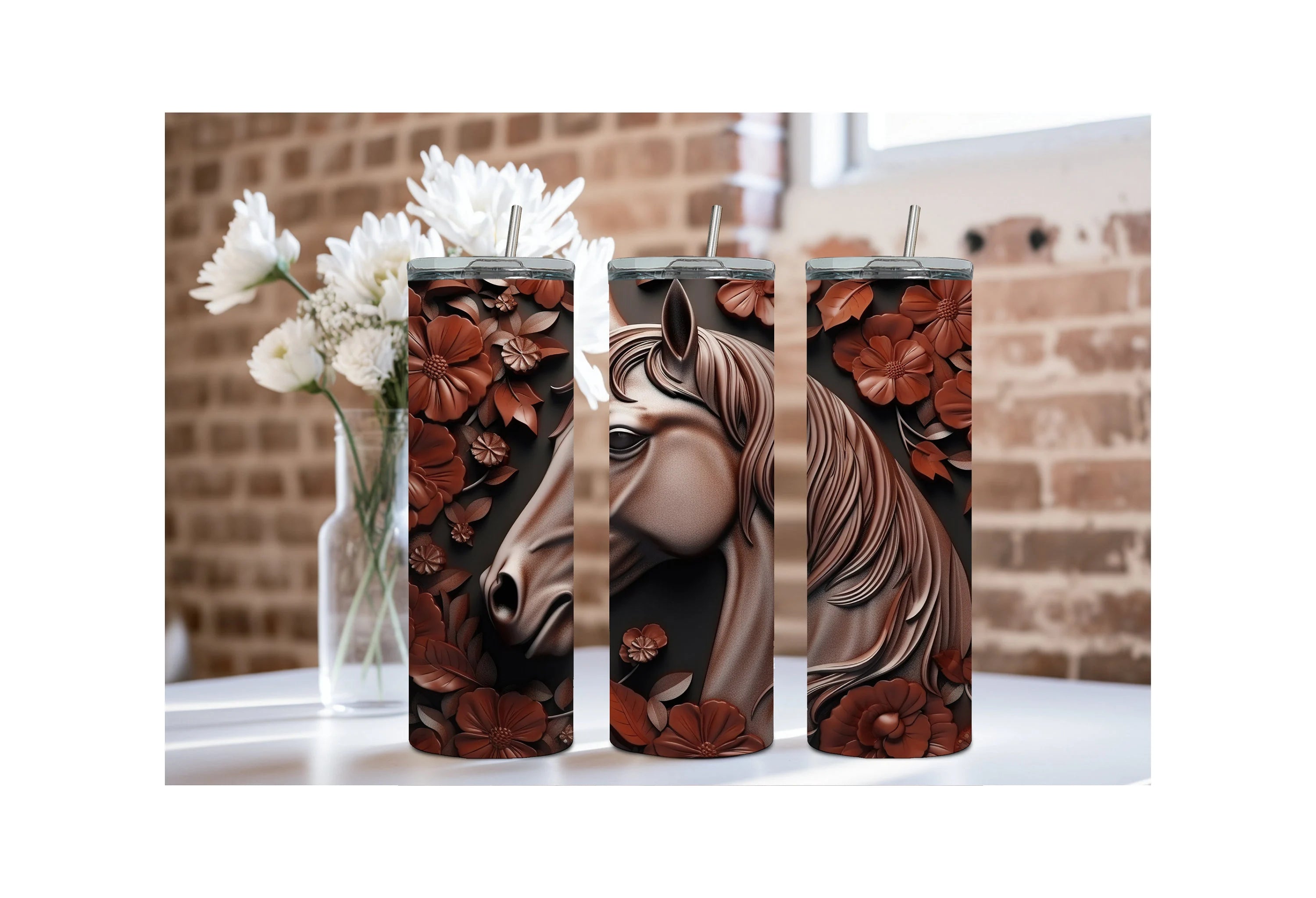 Stainless steel horse tumblers featuring artistic horse and flower designs, perfect for everyday use and gifting.
