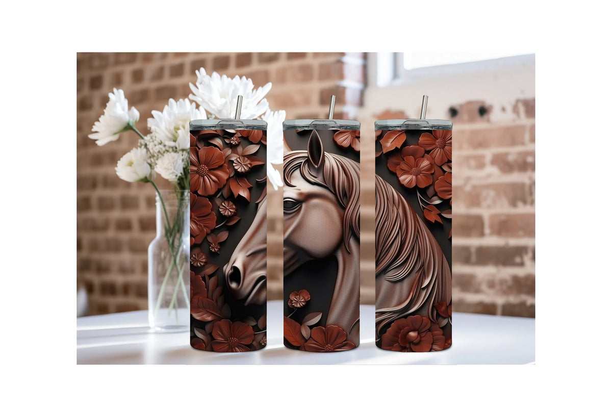 Stainless steel horse tumblers featuring artistic horse and flower designs, perfect for everyday use and gifting.