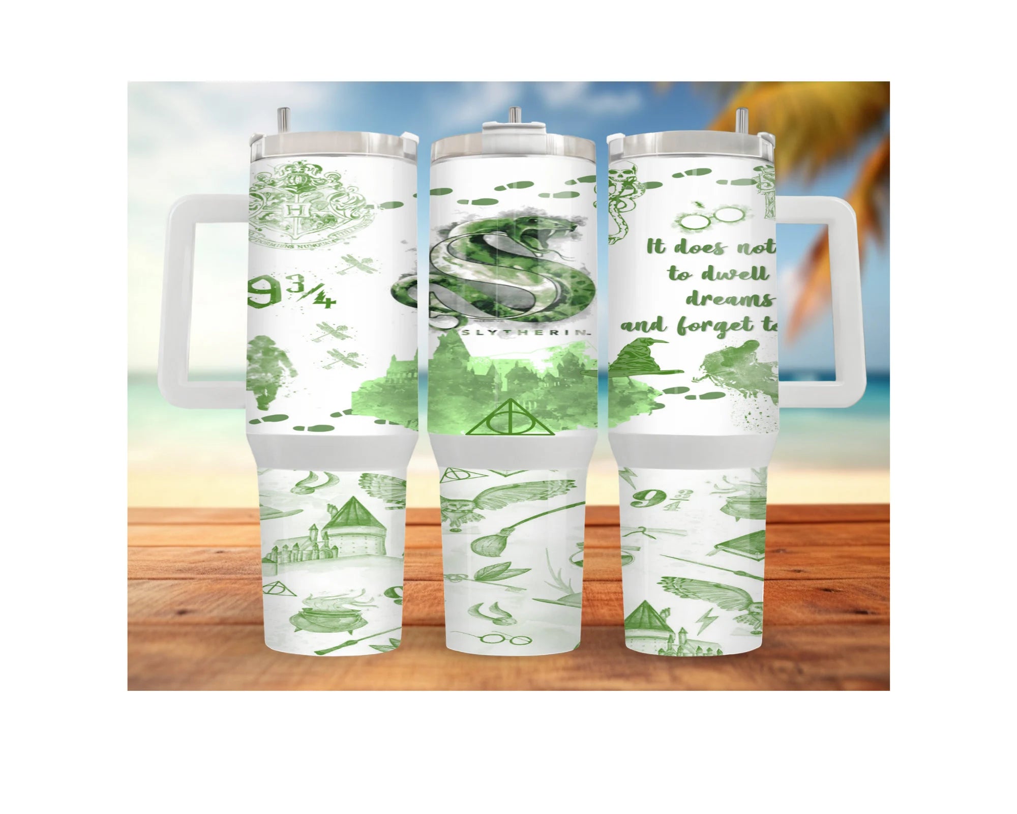 Slytherin stainless steel tumbler featuring iconic symbols and quotes, available for warm or cold drinks.