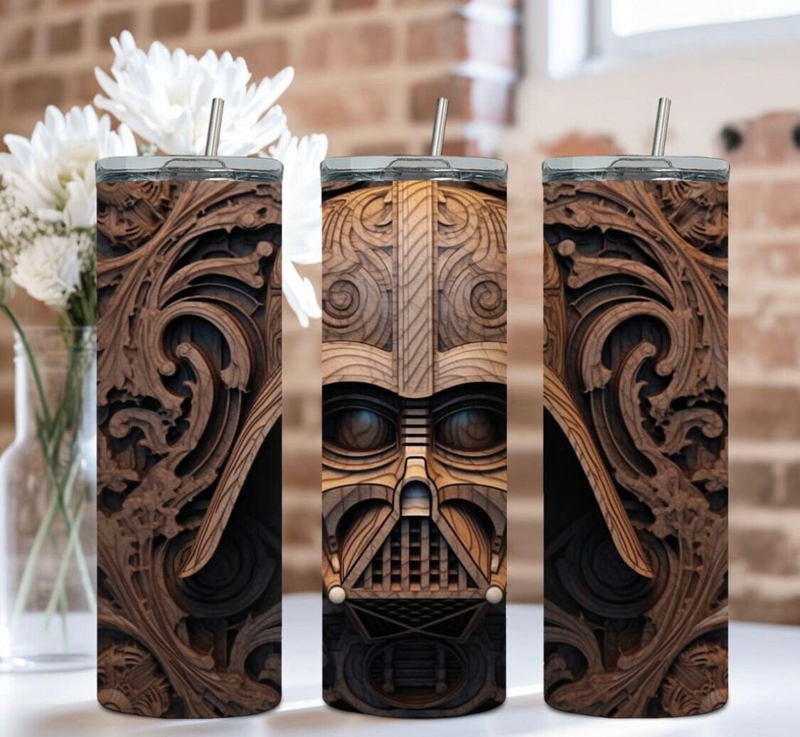Darth Vader 20 oz tumbler with intricate wood design, featuring the iconic helmet and artistic swirls.