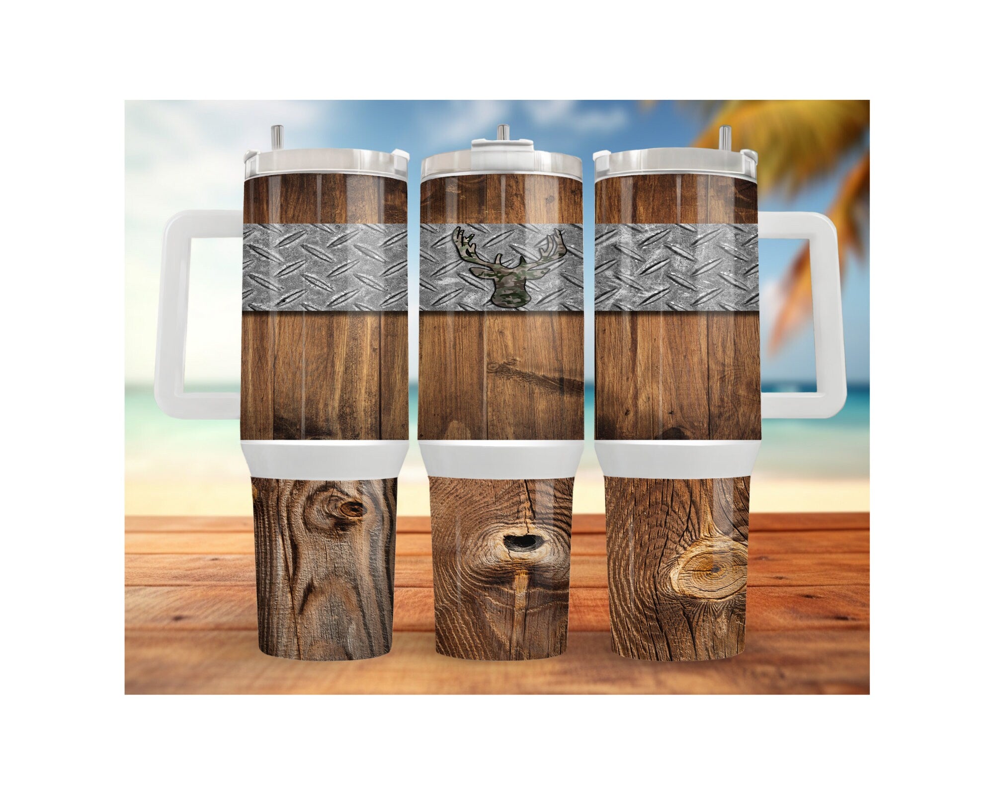 wildlife hunting fishing tumblers featuring wooden design with metal accents and deer graphic