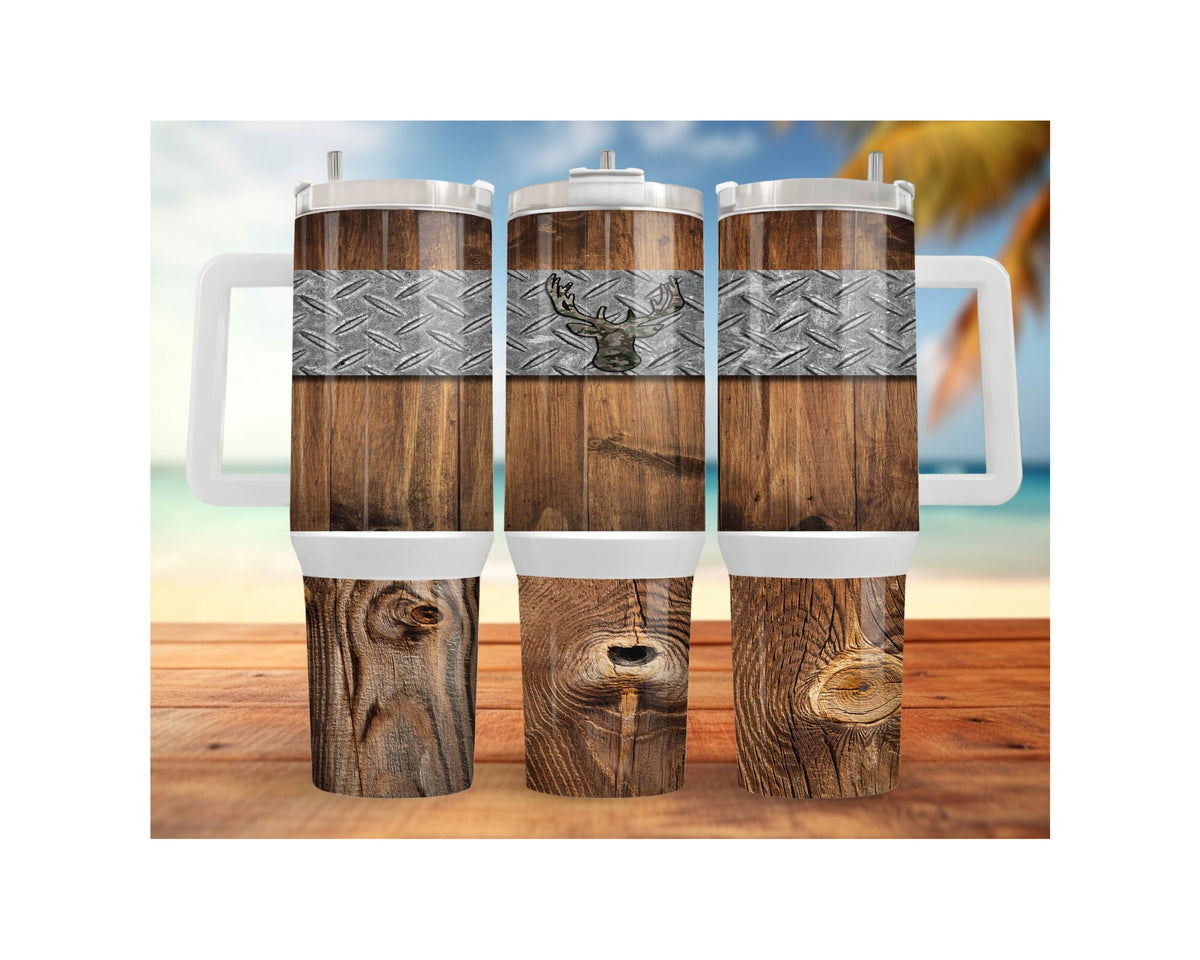 wildlife hunting fishing tumblers featuring wooden design with metal accents and deer graphic