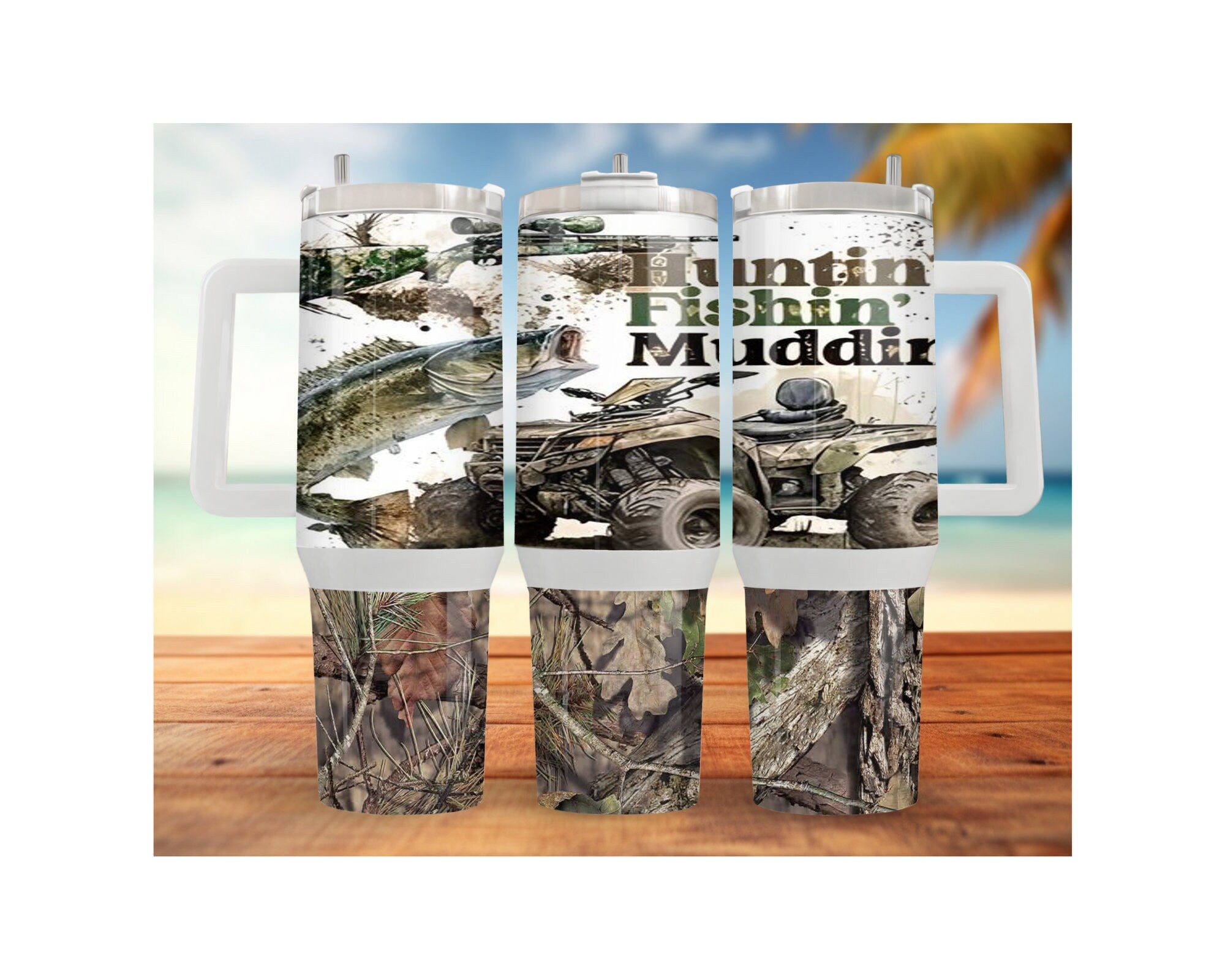 Wildlife hunting fishing tumblers featuring outdoor designs with ATV, fish, and camouflage patterns.