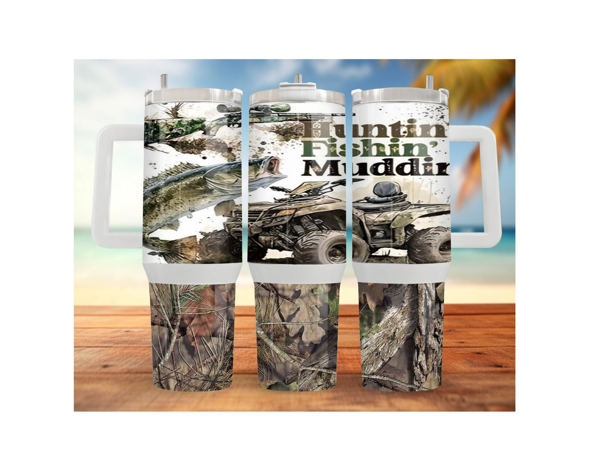 Wildlife hunting fishing tumblers featuring outdoor designs with ATV, fish, and camouflage patterns.