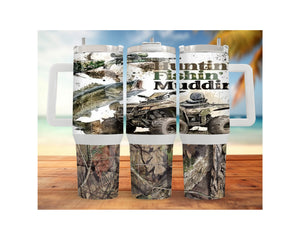 Wildlife hunting fishing tumblers featuring outdoor designs with ATV, fish, and camouflage patterns.