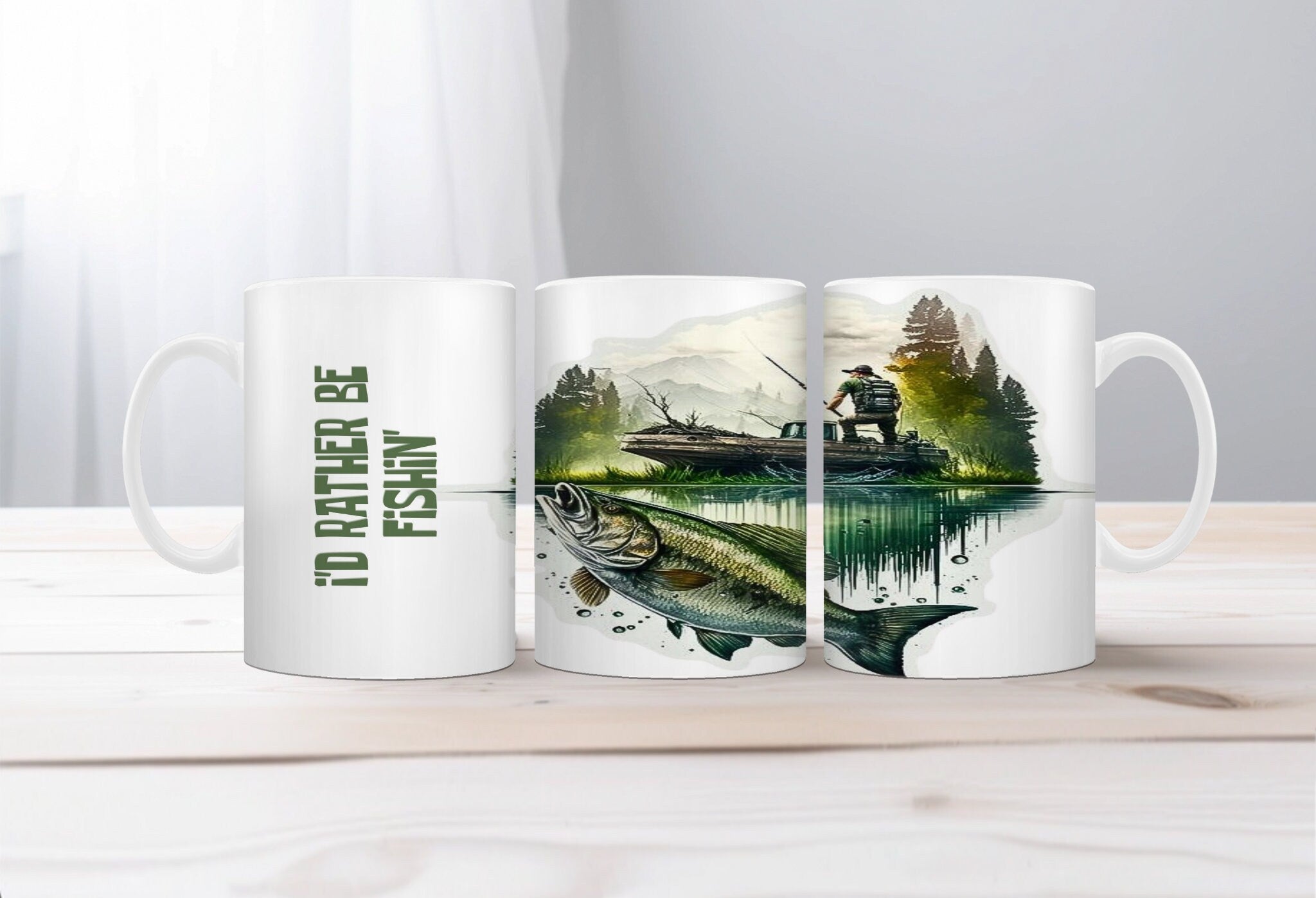 Wildlife hunting fishing tumblers featuring a fishing scene and the phrase 'I'd rather be fishin'.