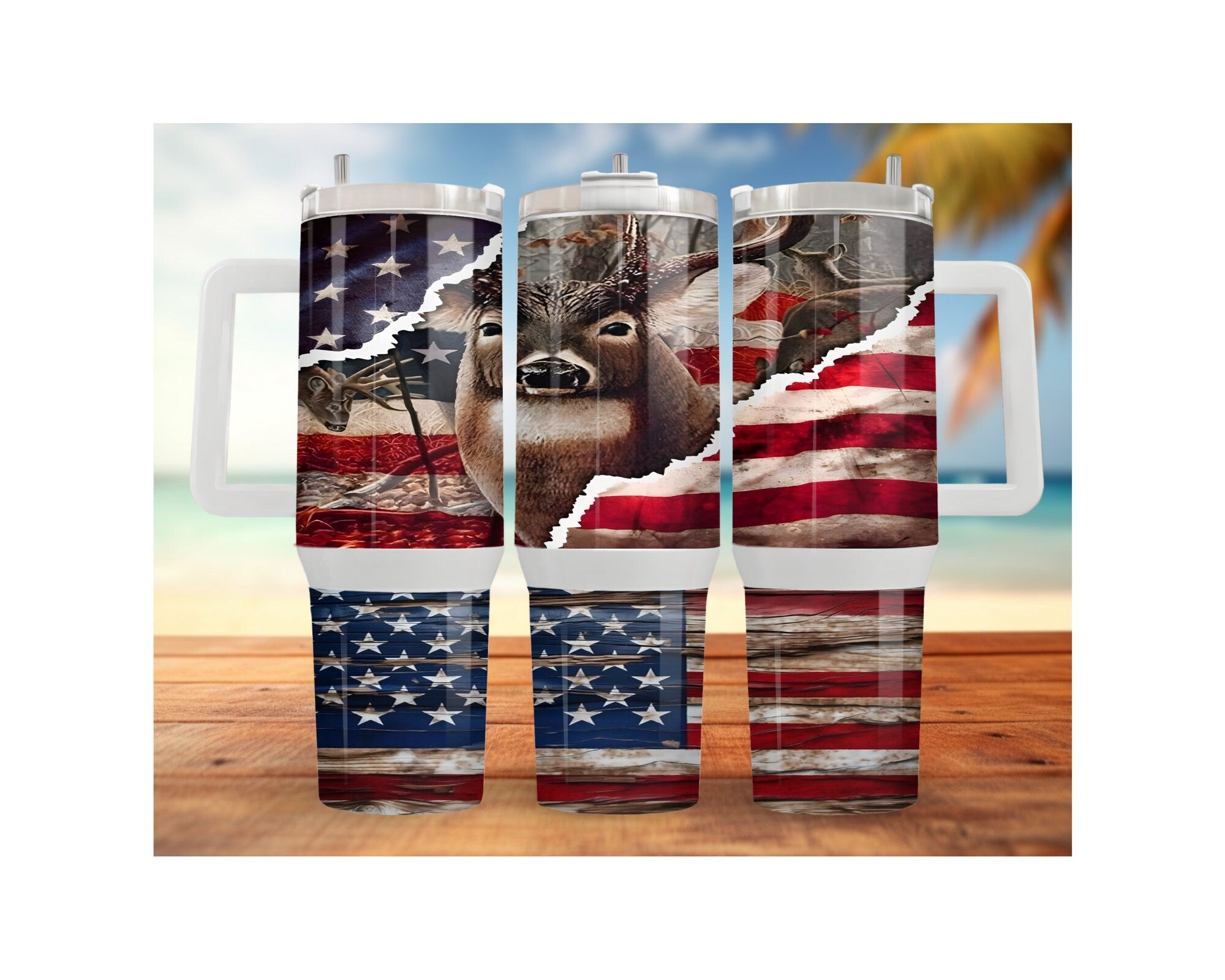 Wildlife hunting fishing tumblers featuring a design with an American flag and deer motif, perfect for outdoor enthusiasts.