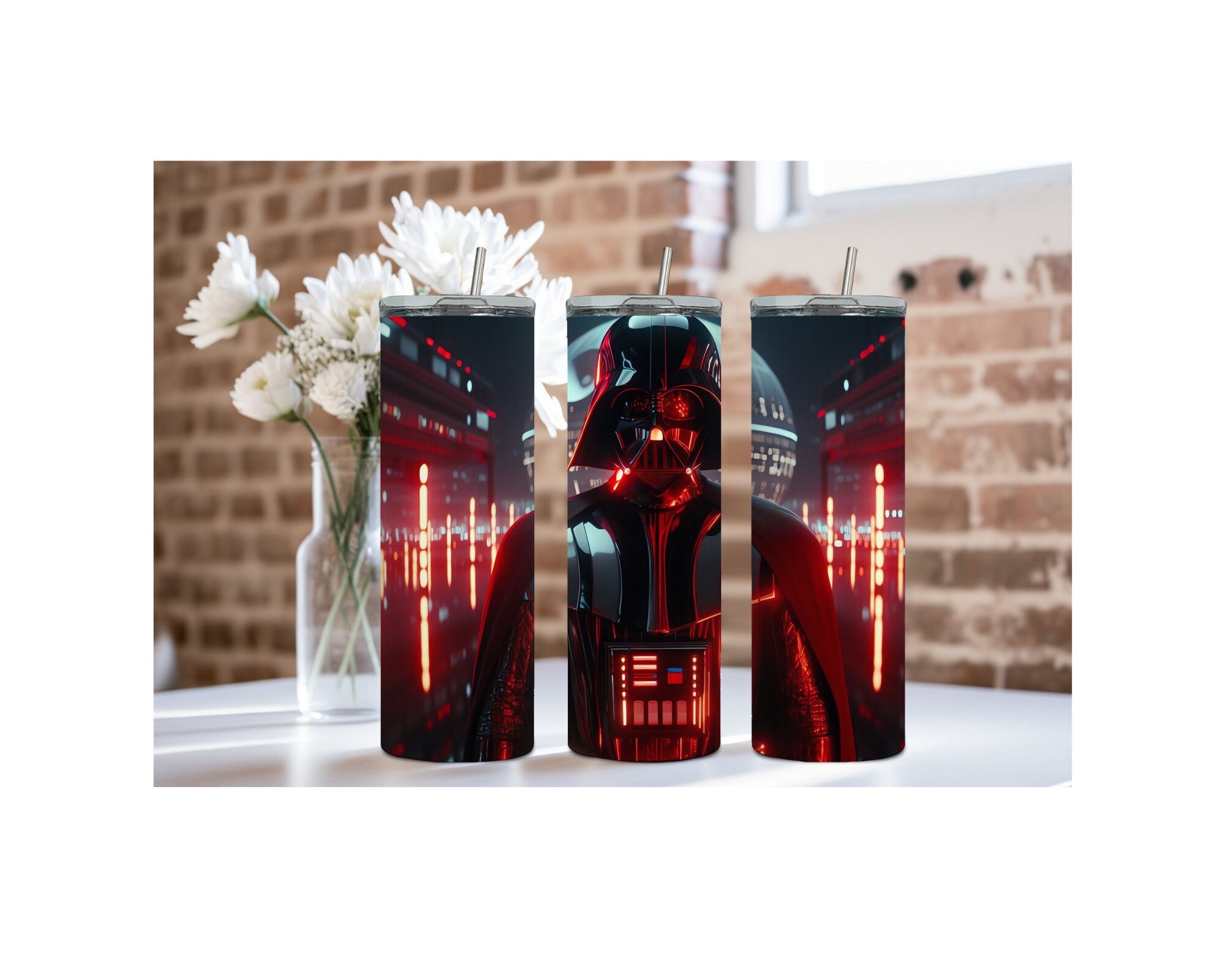 Darth Vader 20 oz tumbler trio showcasing bold design and vibrant colors, perfect for fans of the Dark Side.
