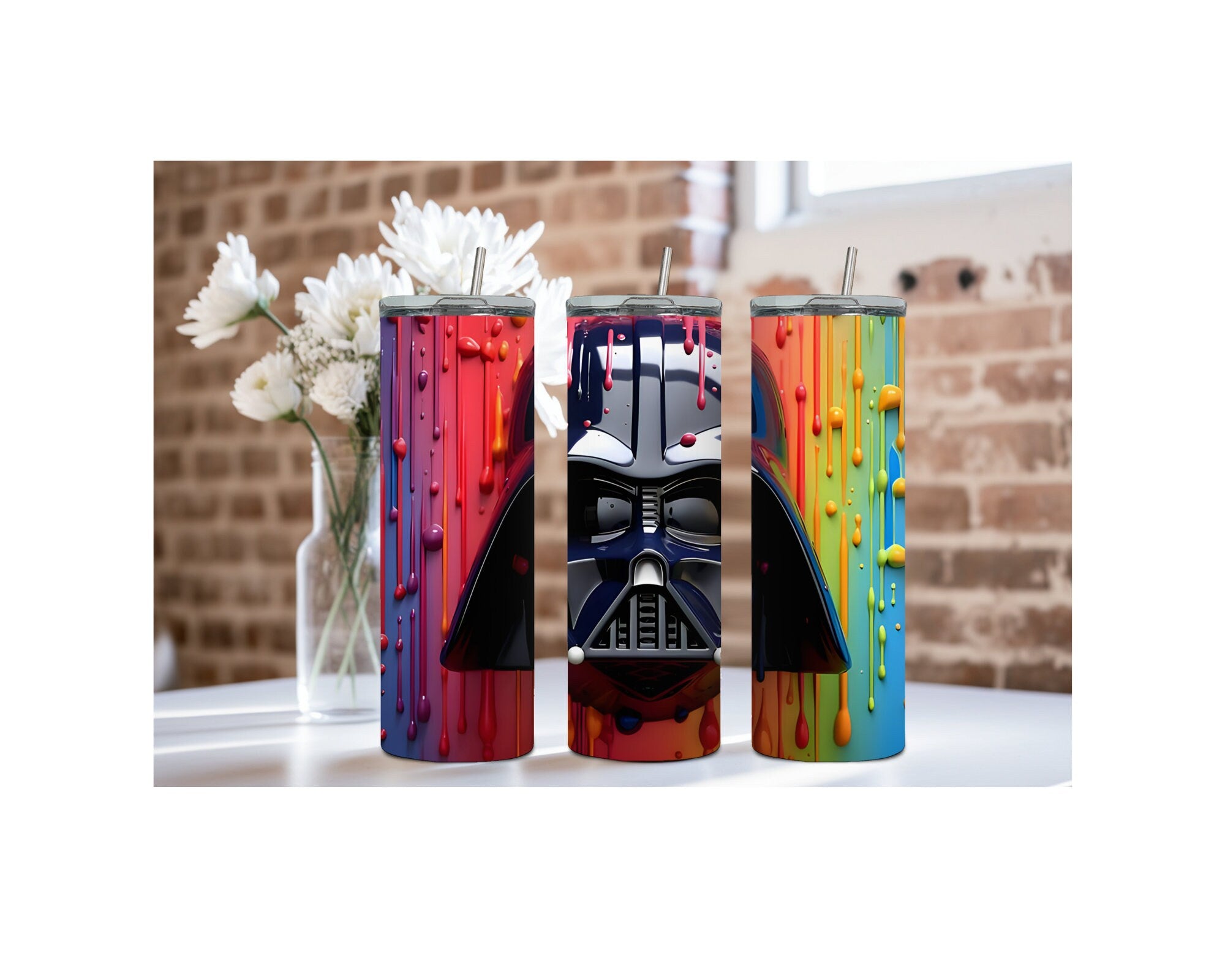 Darth Vader 20 oz tumbler featuring bold design and colorful drips, perfect for fans of the Dark Side.